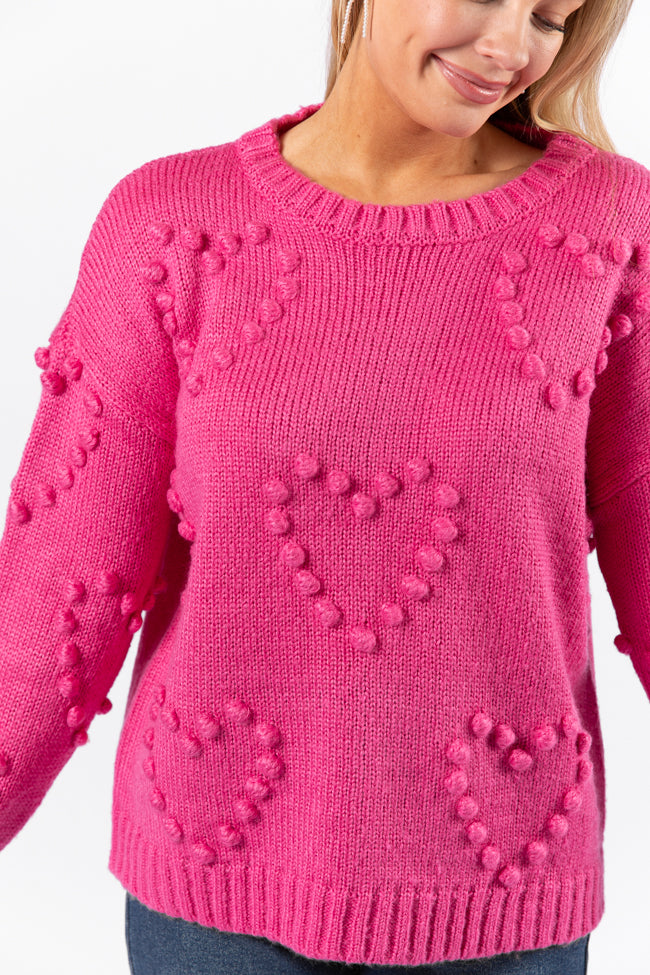 Adore You Hot Pink Oversized Heart Pom Knit Sweater - Cozy Winter Pullover for Women | Perfect for Christmas, Valentine's Day & Casual Outfits
