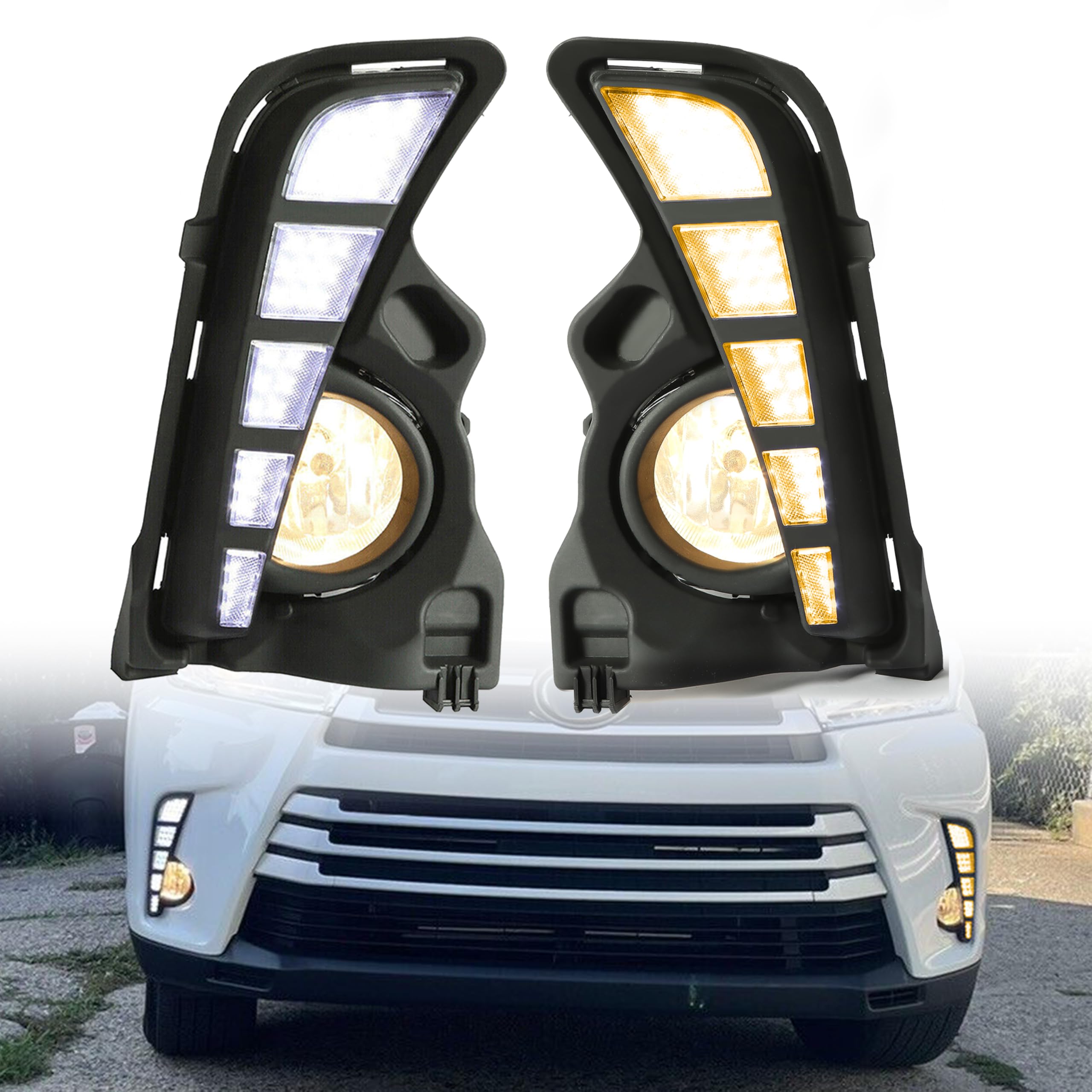 HECASA LED Daytime Running Lights & Fog Lights Kit - Compatible with 2017-2019 Toyota Highlander (Includes Wiring Harness, Turn Signal Lamps) - Upgrade Your Vehicle's Style & Safety for Night Driving and Bad Weather Conditions
