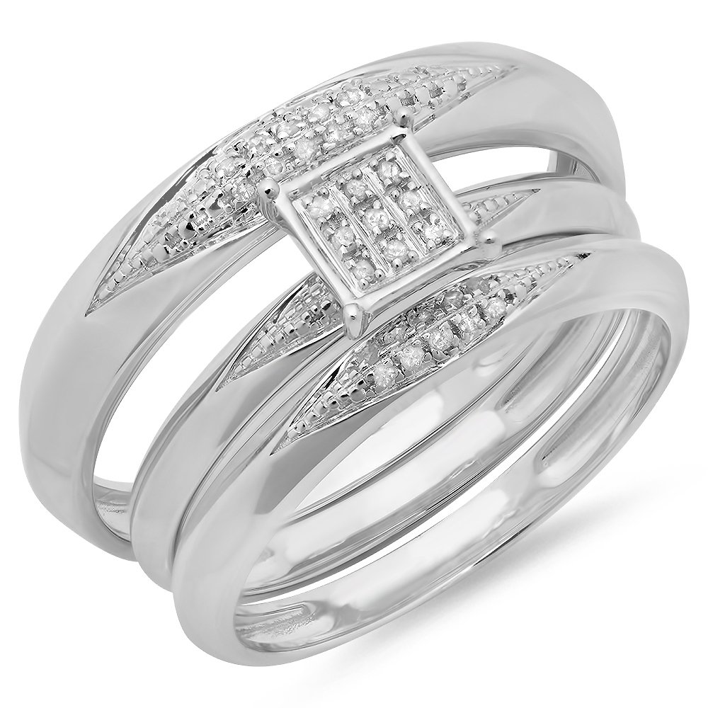 Dazzlingrock 0.06 Carat Round Diamond Engagement Ring Set for Men & Women - Sterling Silver Micropave Wedding Band Trio - Perfect for Proposals, Anniversaries & Special Occasions