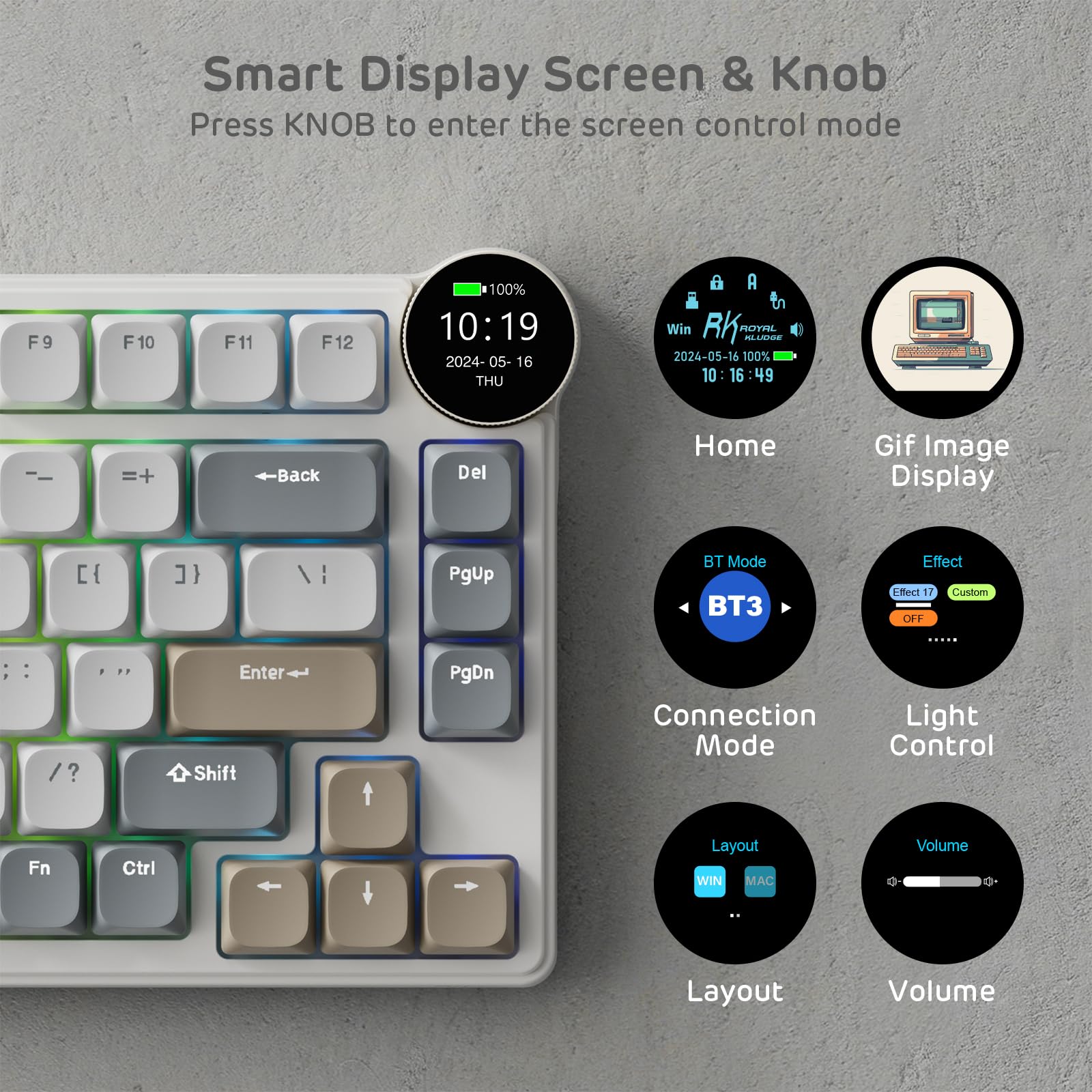 RK ROYAL KLUDGE N80 Low Profile 75% Wireless Mechanical Keyboard with Smart Display & Knob - 3 Modes (Bluetooth/2.4G/Wired), Tactile Brown Switches, 80 Keys, Software Support, Long Battery Life - Perfect for Office Work, Gaming & Programming