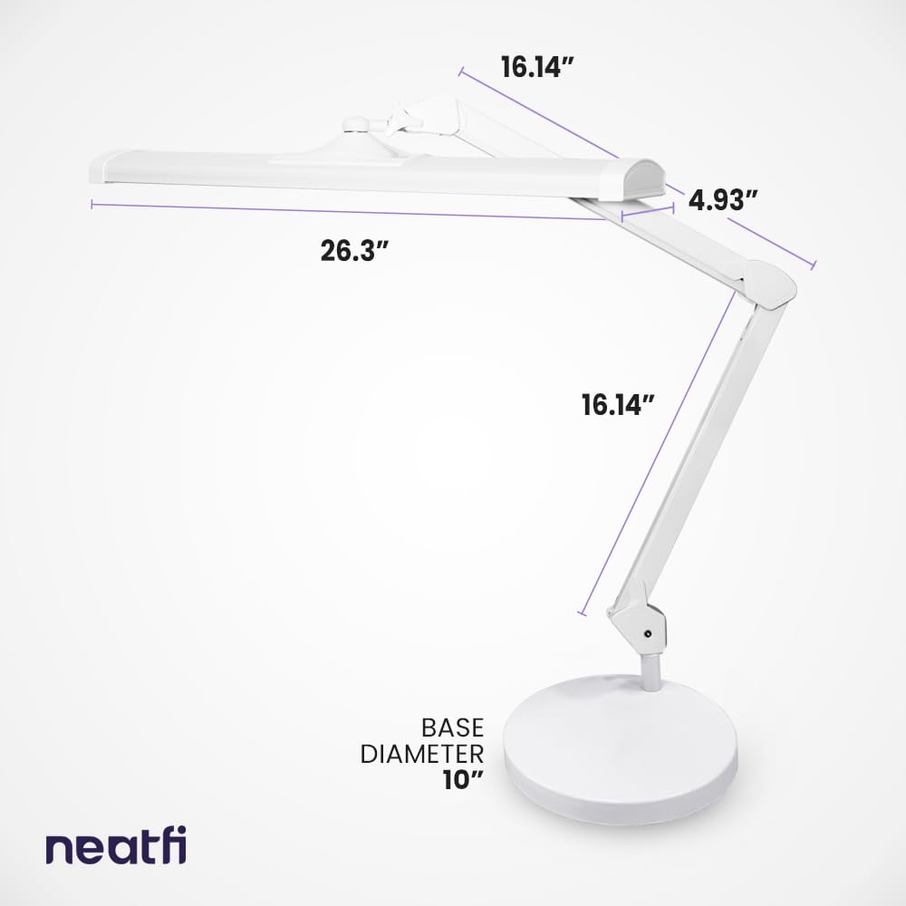 Neatfi 3,500 Lumens Ultra Bright LED Desk Lamp - 26 Inch Adjustable Dimmable Task Light with 270 SMD LEDs, 45W Energy Efficient Office & Home Lighting (White, Non-CCT with Base) - Perfect for Reading, Studying, Working & Crafting