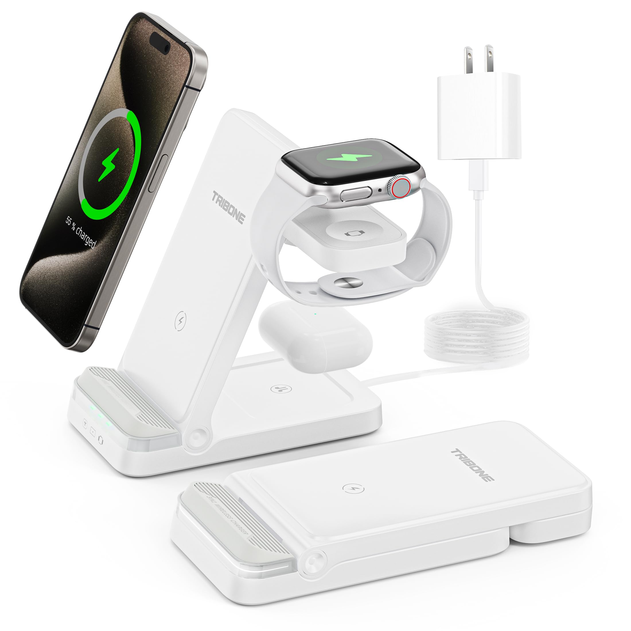 3-in-1 Foldable Fast Wireless Charger for iPhone 15/14/13/12/11 Pro Max/XS/XR/8 Plus, Apple Watch Series 9/8/7/6/5/4/3/2/SE & AirPods Pro 3/2 - Multi-Device Charging Station (White) | Perfect for Home, Office & Travel Use