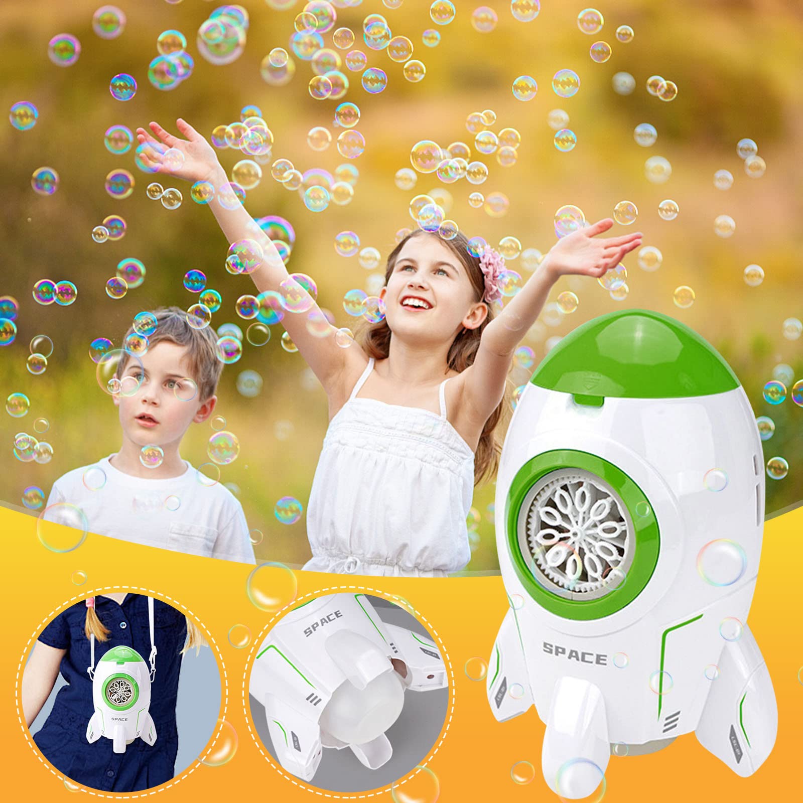 Automatic Bubble Spaceship Toy for Kids - Birdeem Rocket Bubble Machine with LED Lights, Outdoor Summer Fun, Birthday Party Favors, Garden & Backyard Play (Green)