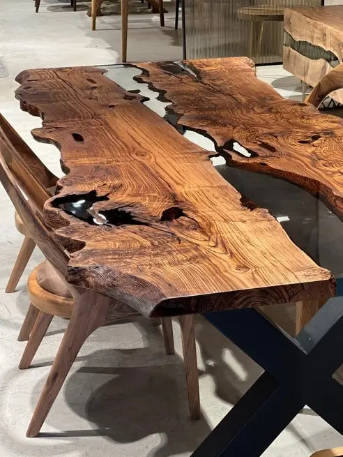 Handcrafted Live Edge Epoxy Resin River Dining Table - Solid Chestnut Wood - Perfect for Modern Farmhouse, Rustic & Contemporary Dining Rooms
