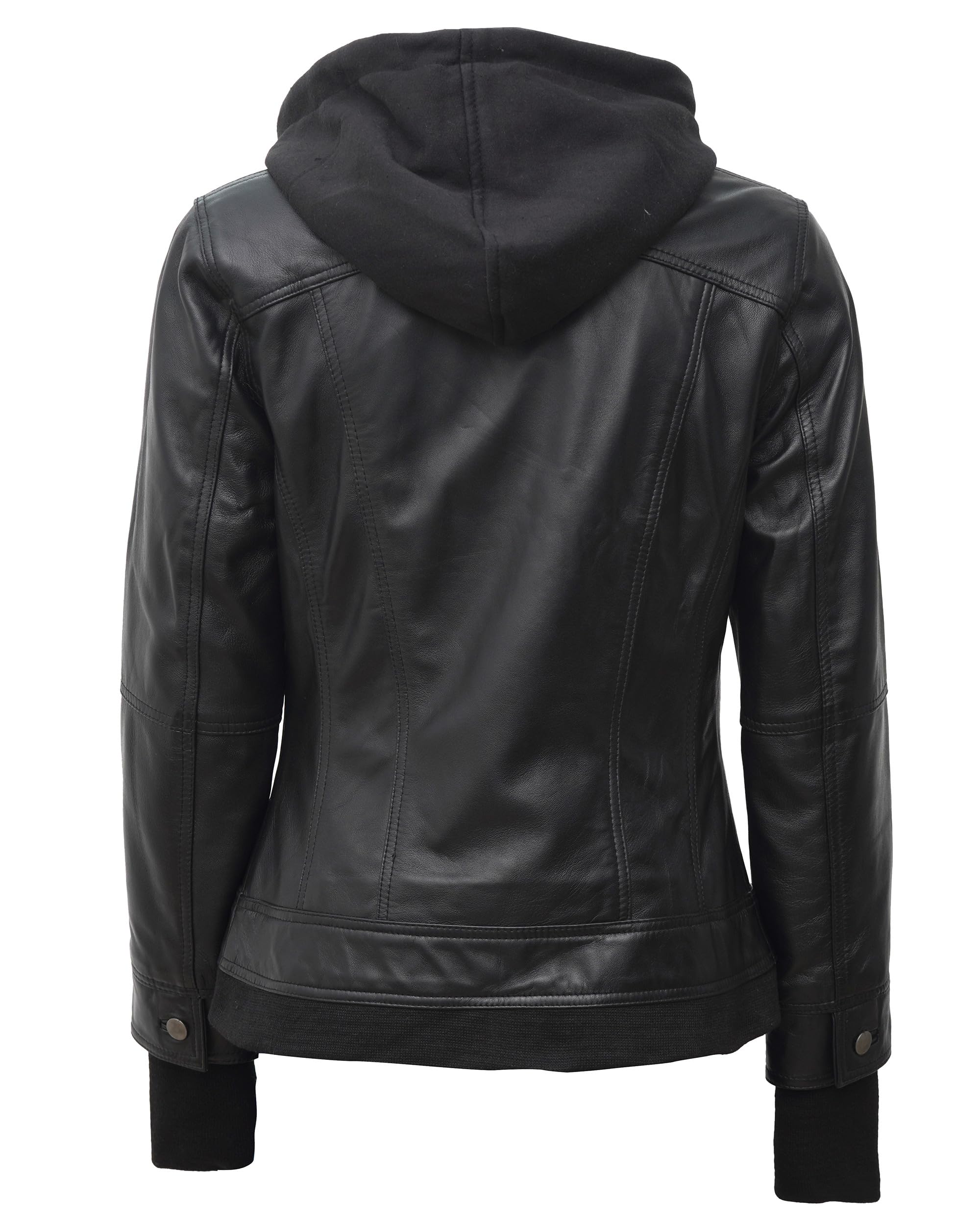 Decrum Women's Hooded Leather Jacket - Genuine Lambskin Biker Jacket with Detachable Hood | Stylish Outerwear for Motorcycle Riding, Night Out & Fall Fashion