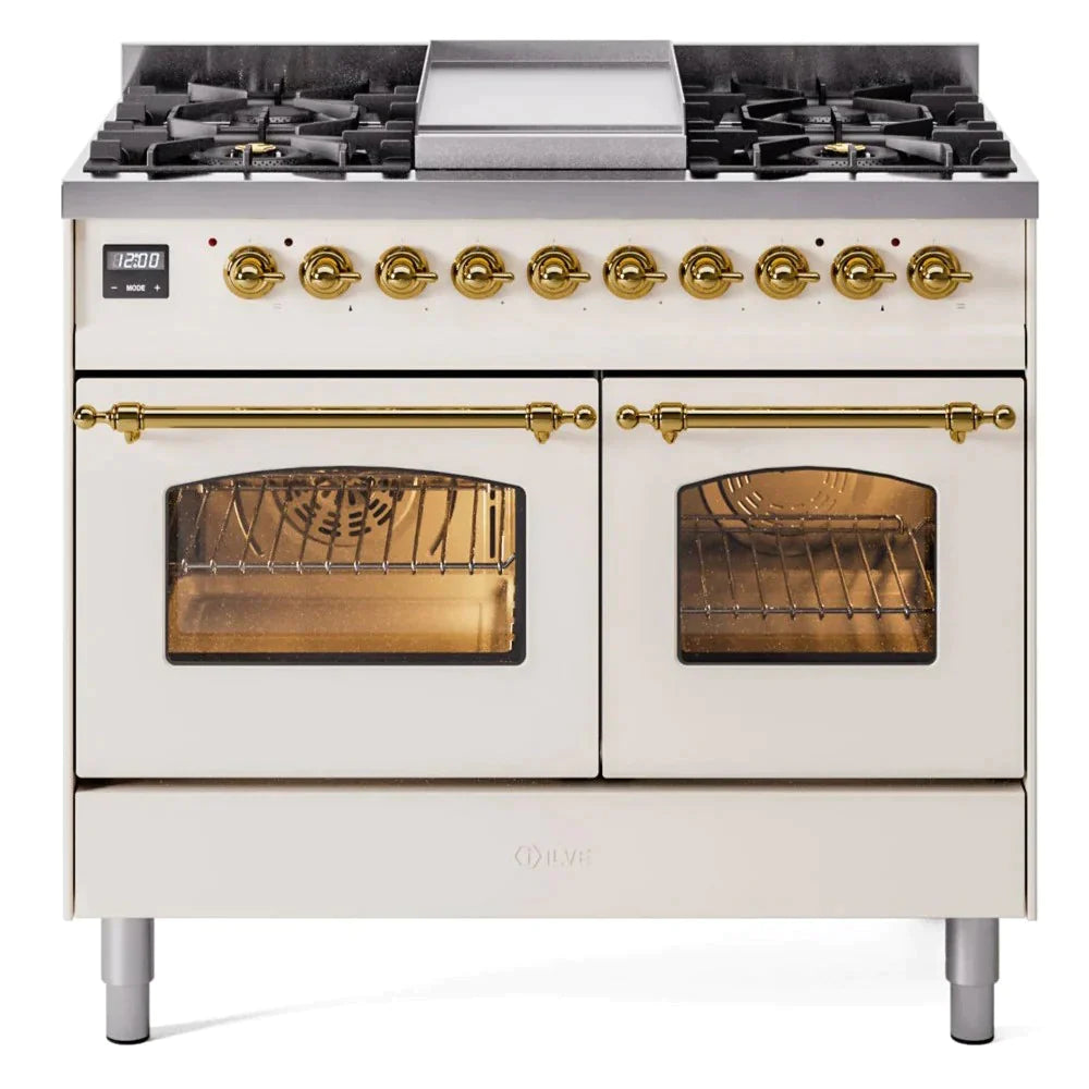ILVE 40 Nostalgie II Series Freestanding Double Oven Dual Fuel Range - 6 Sealed Burners & Griddle - Professional Gas & Electric Range for Home Kitchen - Perfect for Baking, Roasting & Family Cooking (Model UPD40FNMP)