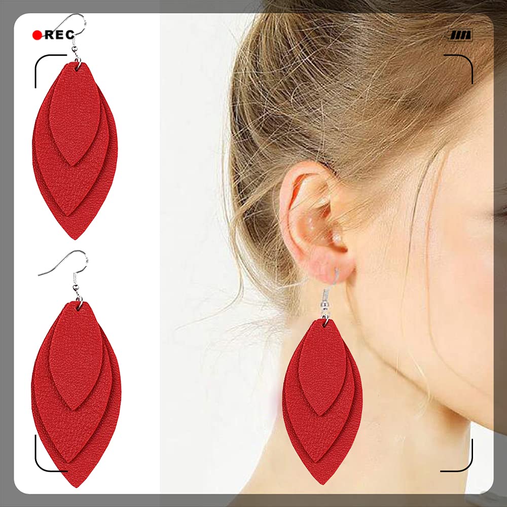 TIDOO Women's Fashion Teardrop Leaf Leather Earrings - Set of 3 Red Dangle Drop Earrings for Women | Perfect for Boho Chic, Casual Wear, and Special Occasions