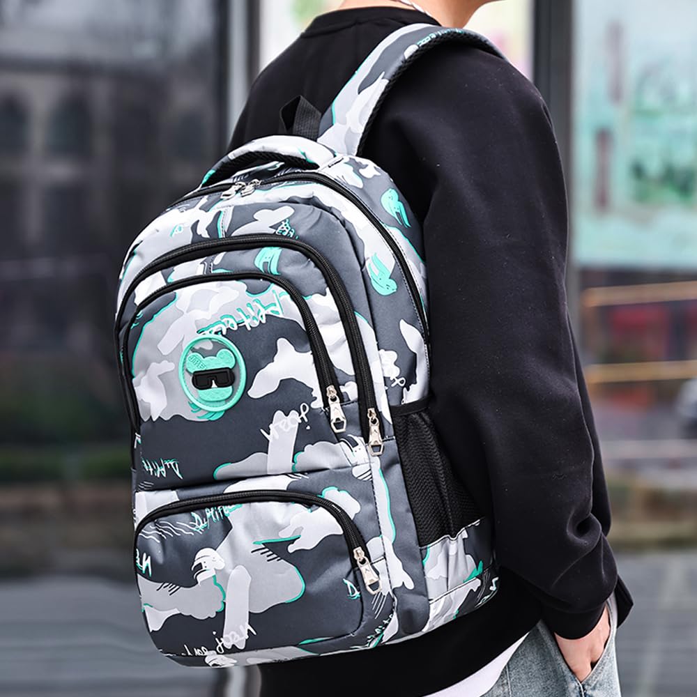 Camouflage Backpack for Boys & Girls - Large Capacity School Backpack for Kids & Students - Durable Green Schoolbag for Daily Use, Travel & Outdoor Activities
