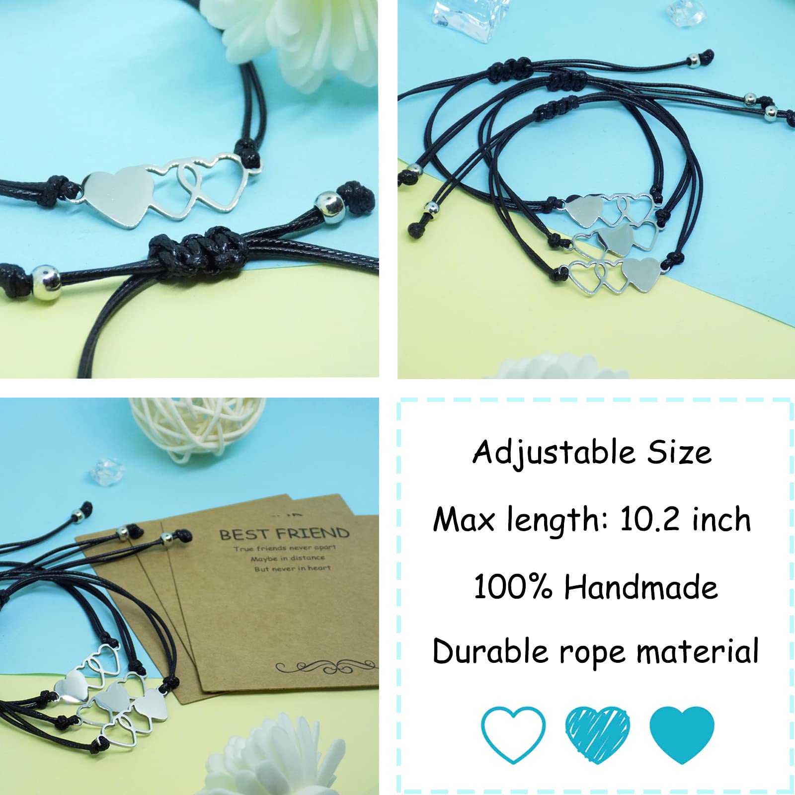 Best Friend Bracelets Set of 3 - Adjustable Matching Heart BFF Bracelets for Women, Cute Trio Friendship Jewelry - Perfect Birthday Gifts for Besties, Sisters & Couples | Wear to Parties, Travel or Daily Life