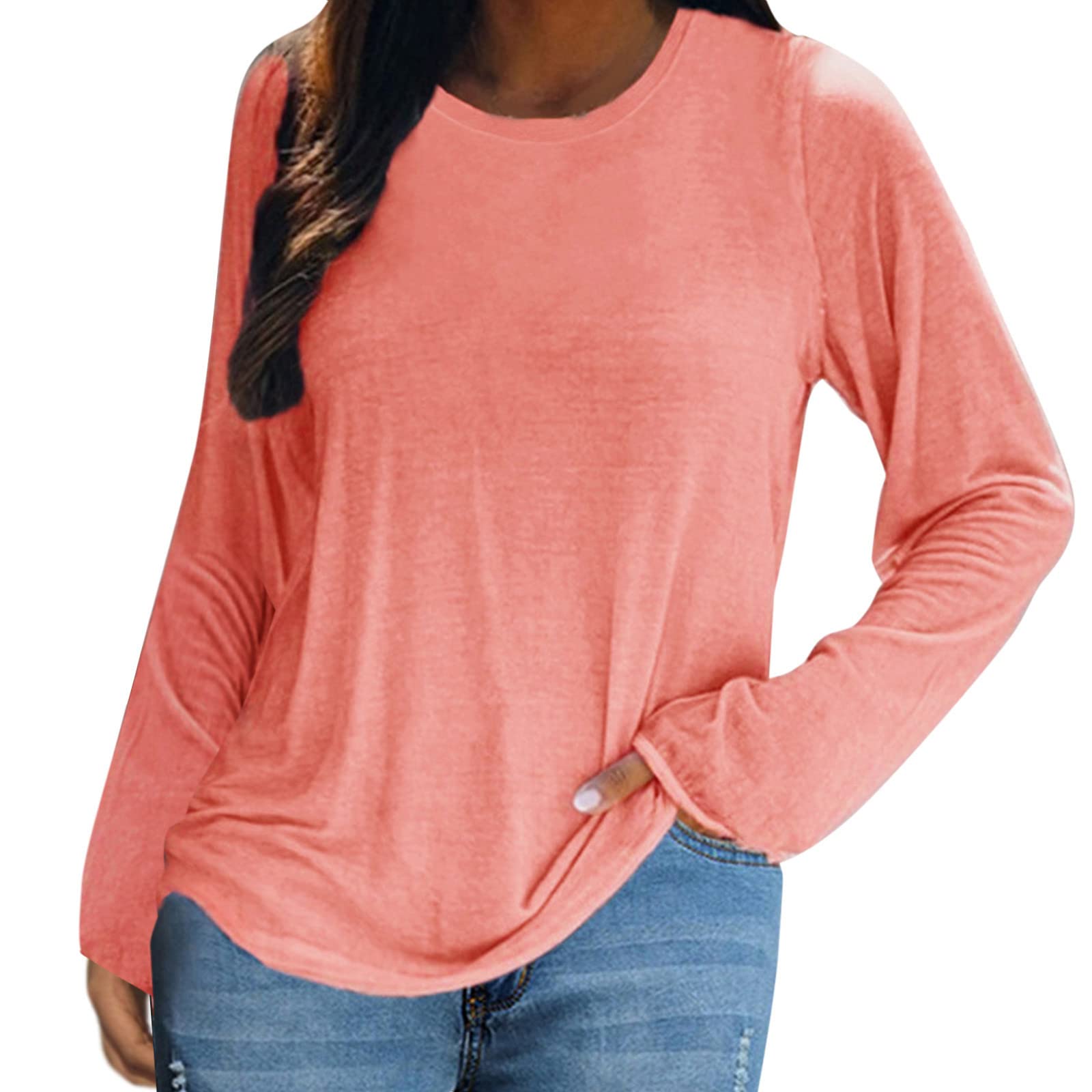 BEUU Women's Casual Long Sleeve Crewneck T-Shirt - Solid Color Basic Pullover Blouse & Loose Sweatshirt Top for Everyday Wear, Work, and Outfits