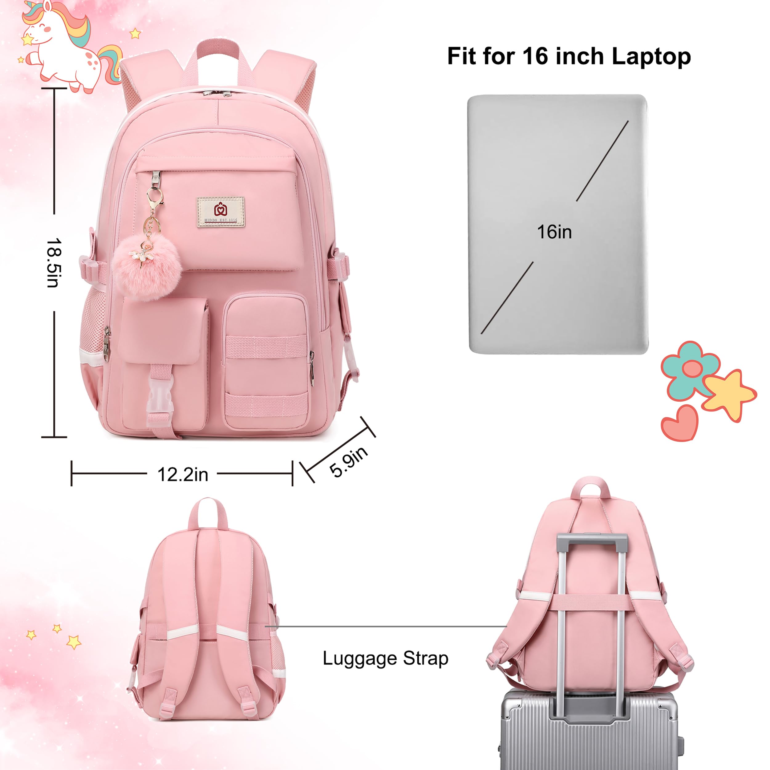 Stylish Pink Anti-Theft Laptop Backpack for Women & Girls - 15.6 Inch College Bookbag with USB Charging Port, School Backpack for Teens, Elementary Students - Perfect for School, Travel & Daily Commute