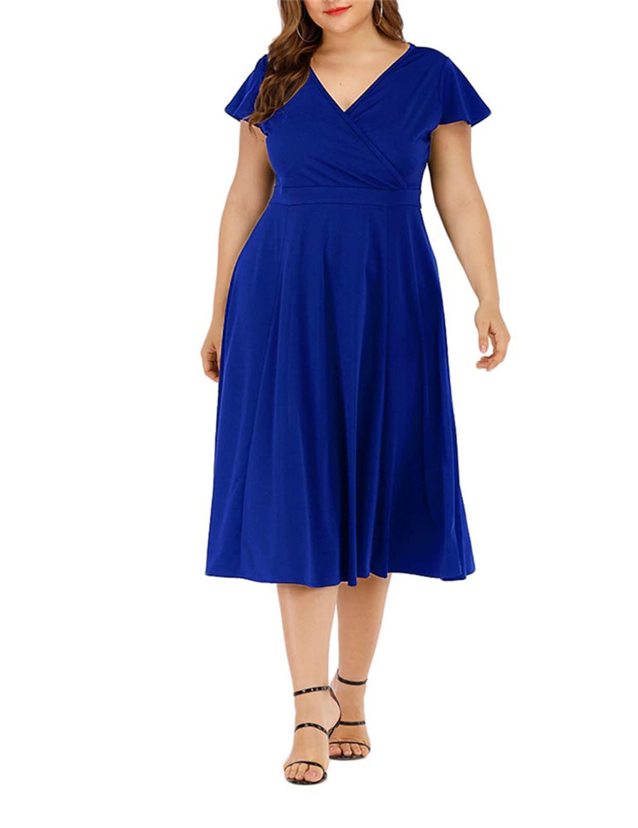 AGMIBRELR Women's Plus Size Flutter Sleeve Deep V-Neck A-Line Swing Midi Dress - Elegant Casual & Party Wear for Curvy Women