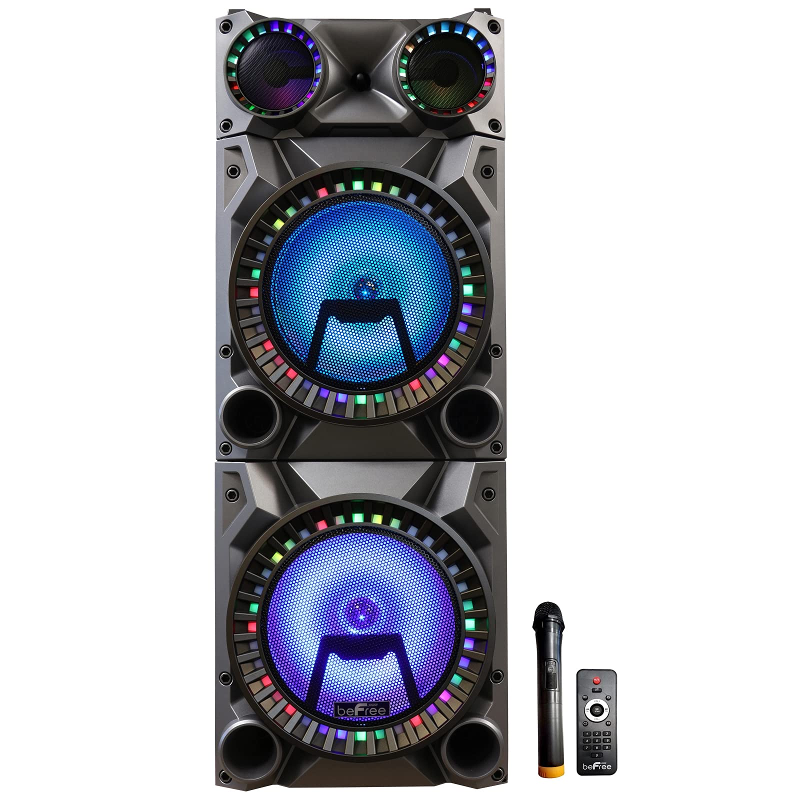 beFree Sound Rechargeable 12-inch Bluetooth Subwoofer with Dual Layer Party Lights - Portable Wireless Speaker with USB/SD/AUX Inputs & FM Radio (Gray) - Perfect for Outdoor Parties, Home Theater & Gaming Setups