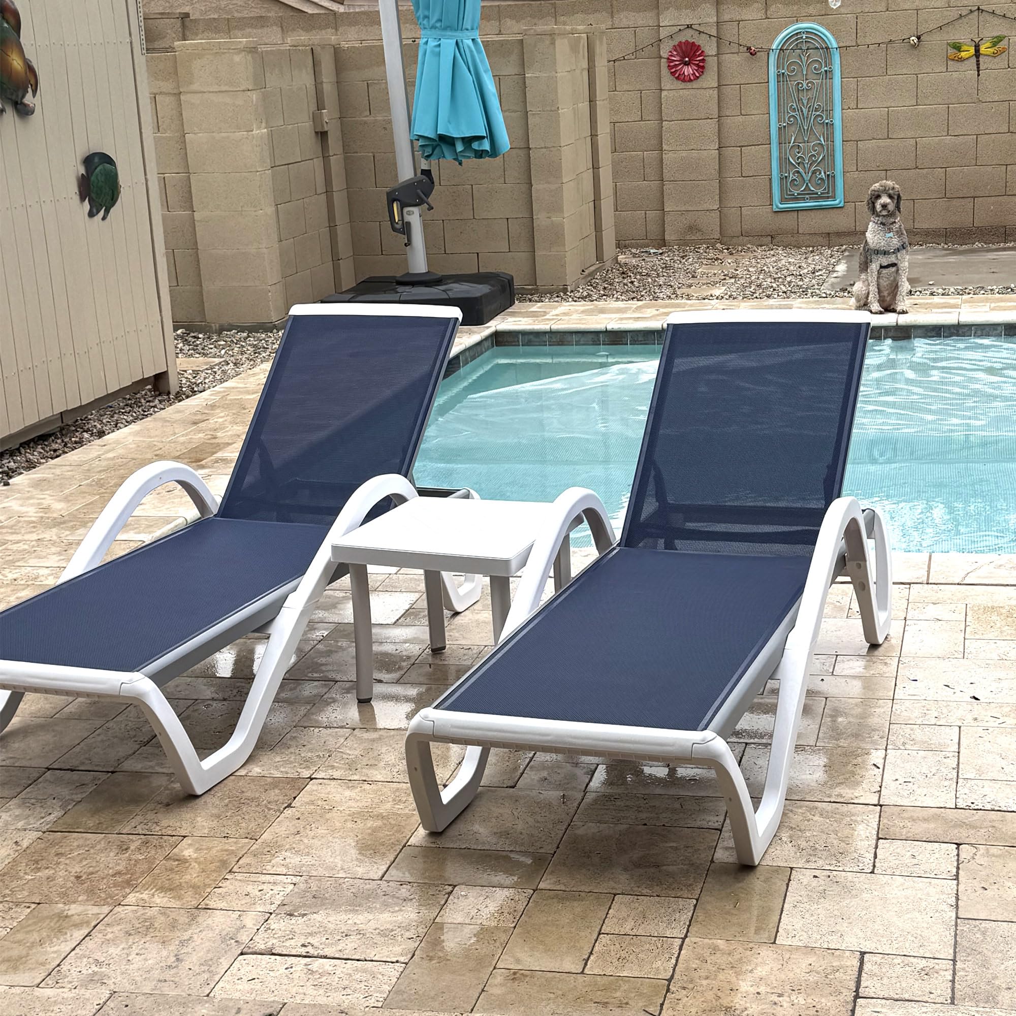 PURPLE LEAF 3-Piece Patio Chaise Lounge Chair Set - Aluminum & Plastic Stackable Sun Loungers with Armrests & Side Table - Navy Blue Outdoor Tanning Chairs for Pool, Beach, Deck & Backyard Relaxation