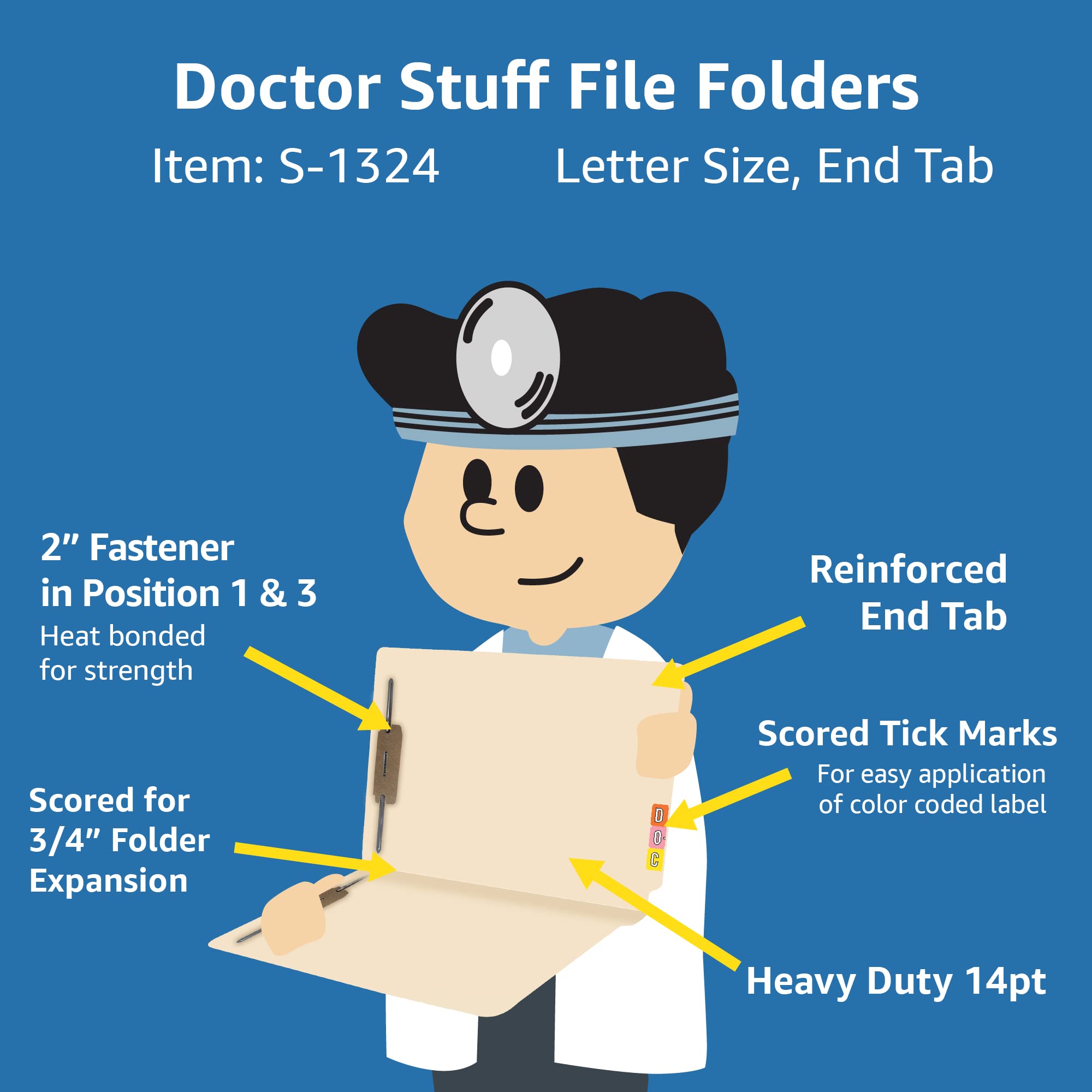 Medical File Folders with 2 Fasteners - Letter Size Manila Folders with Reinforced End Tabs & 2