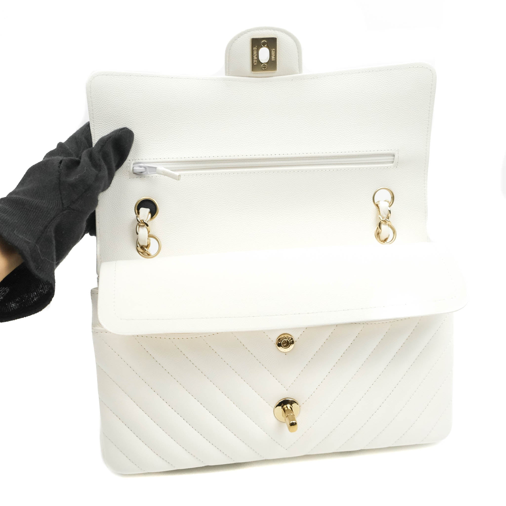 Chanel Chevron Medium/Large Double Flap Bag in White Caviar Leather with Gold Hardware - Perfect for Luxury Everyday Use & Special Occasions