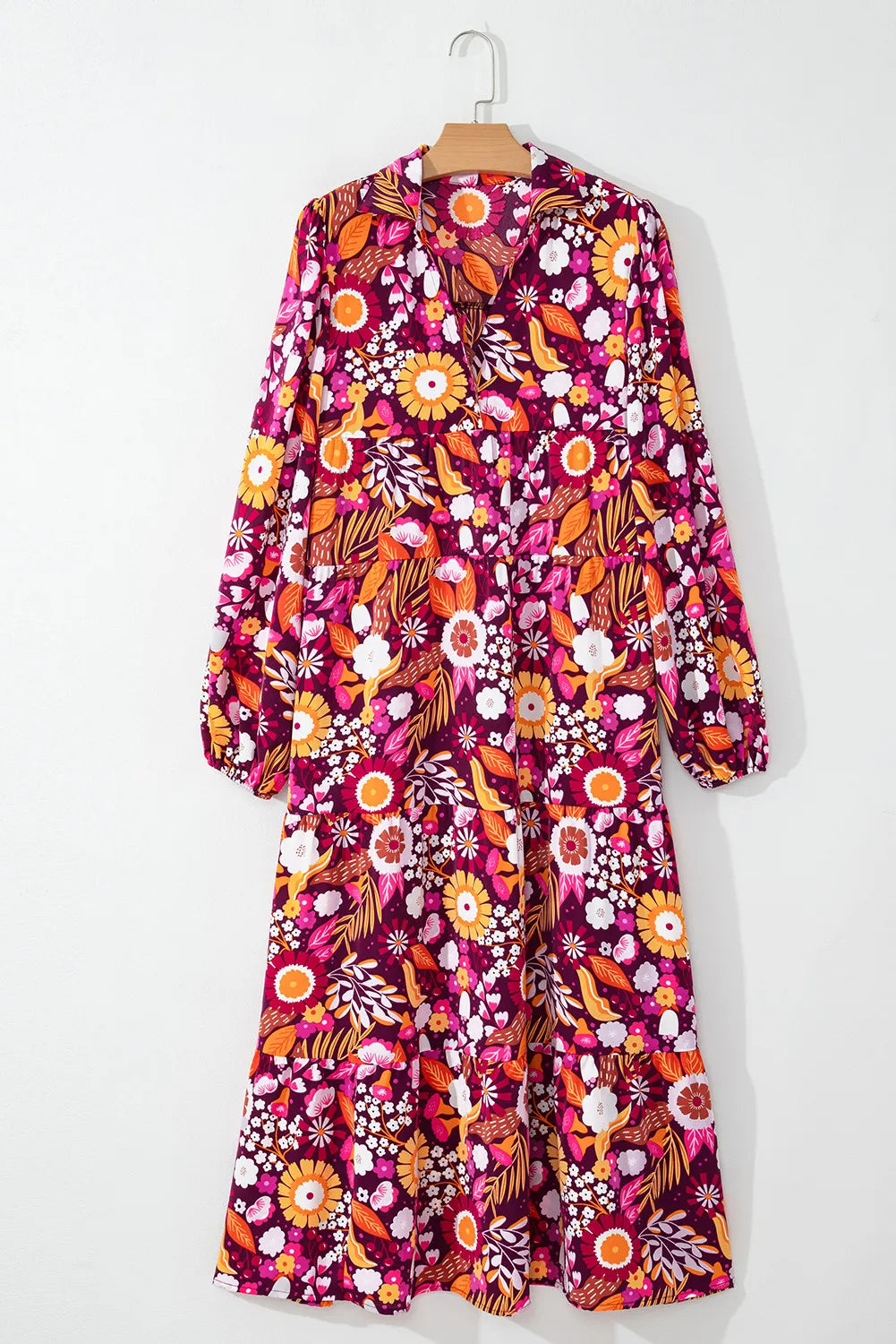 Printed Johnny Collar Long Sleeve Midi Dress for Women | Floral Vintage Style Party & Wedding Guest Outfit