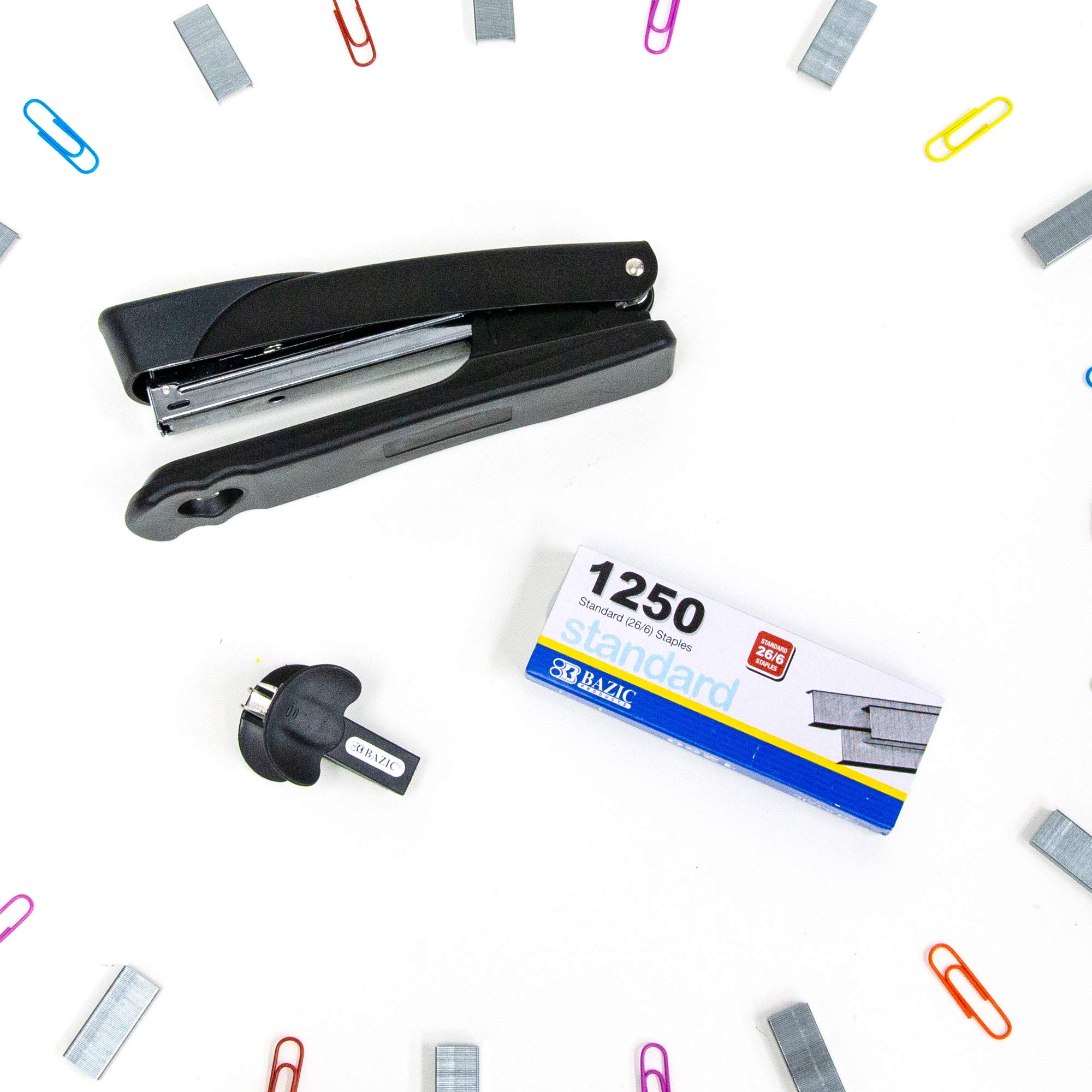 BAZIC Heavy Duty Metal Desktop Stapler with Staple Remover & 1250 Staples (26/6), 12-Pack - Standard Office Stapler with Safety Lock for Paper, Documents, School & Office Supplies