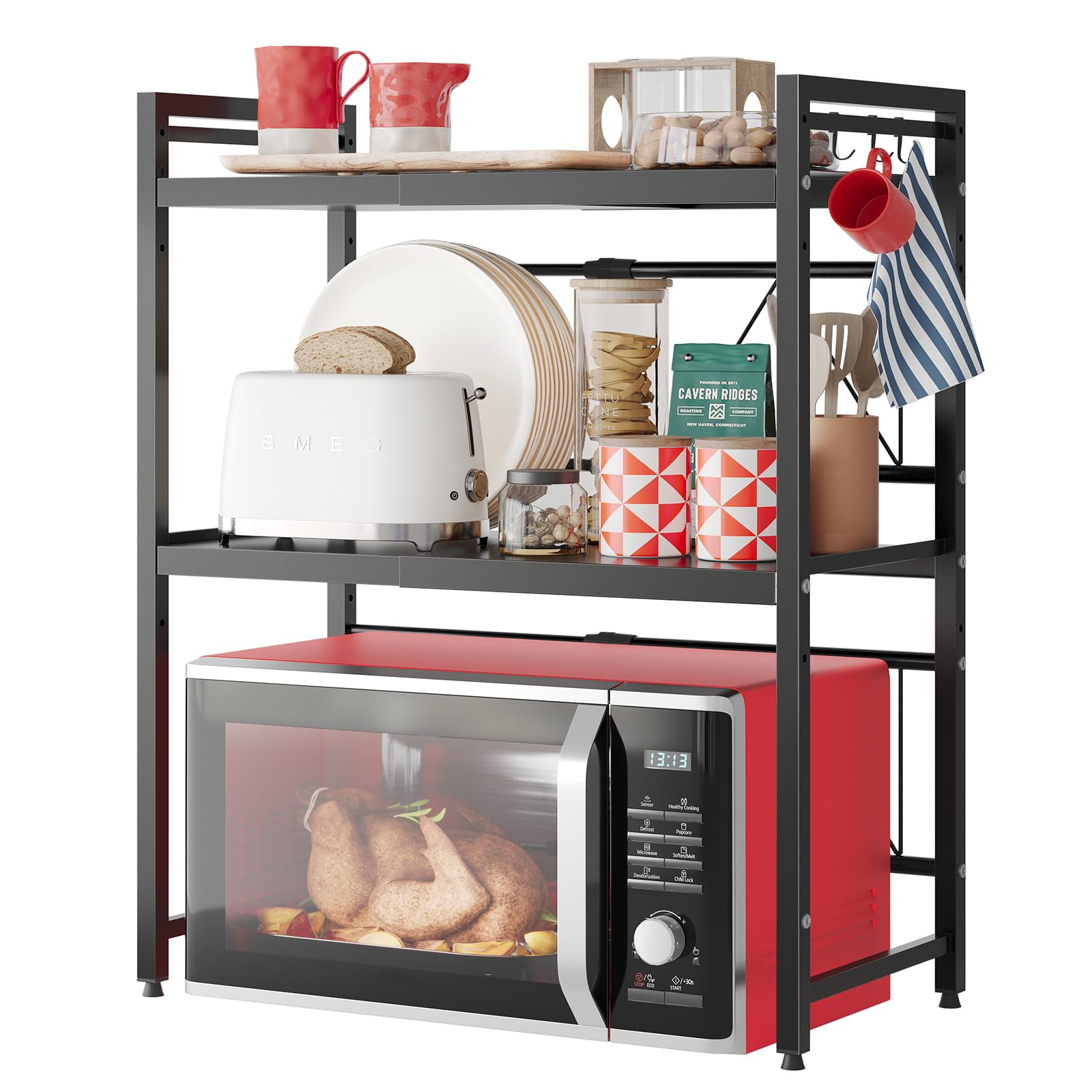 3-Tier Expandable Microwave Stand with 8 Hooks - Heavy Duty Metal Kitchen Countertop Organizer Shelf, Baker Rack & Oven Shelf - 110lbs Weight Capacity - Perfect for Small Kitchens, Apartments & Dorm Rooms