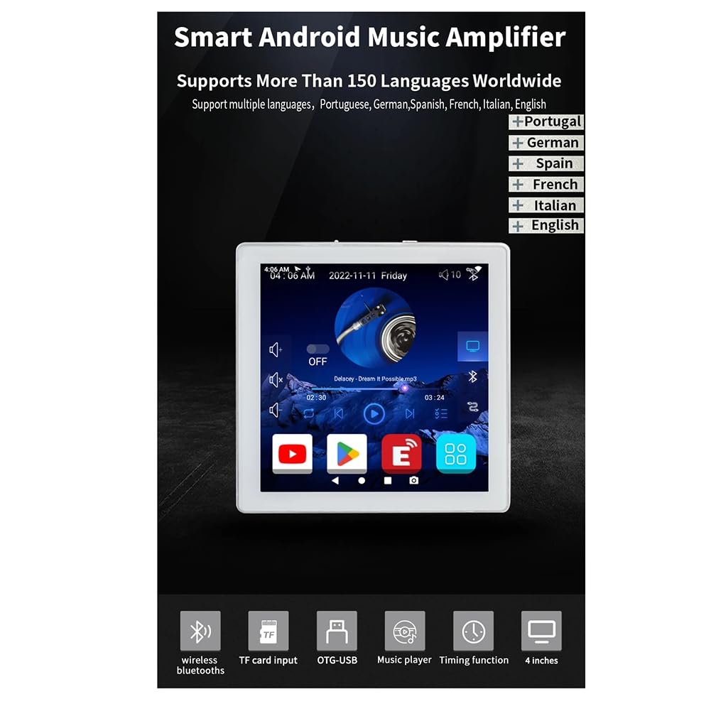 iFutniew Mini 8 Ohm Bluetooth Amplifier - 4x25W Stereo Home Theater System with Android 10.0, WiFi & Bluetooth - White Wall Mountable Amp for Background Music & Multi-Room Audio
