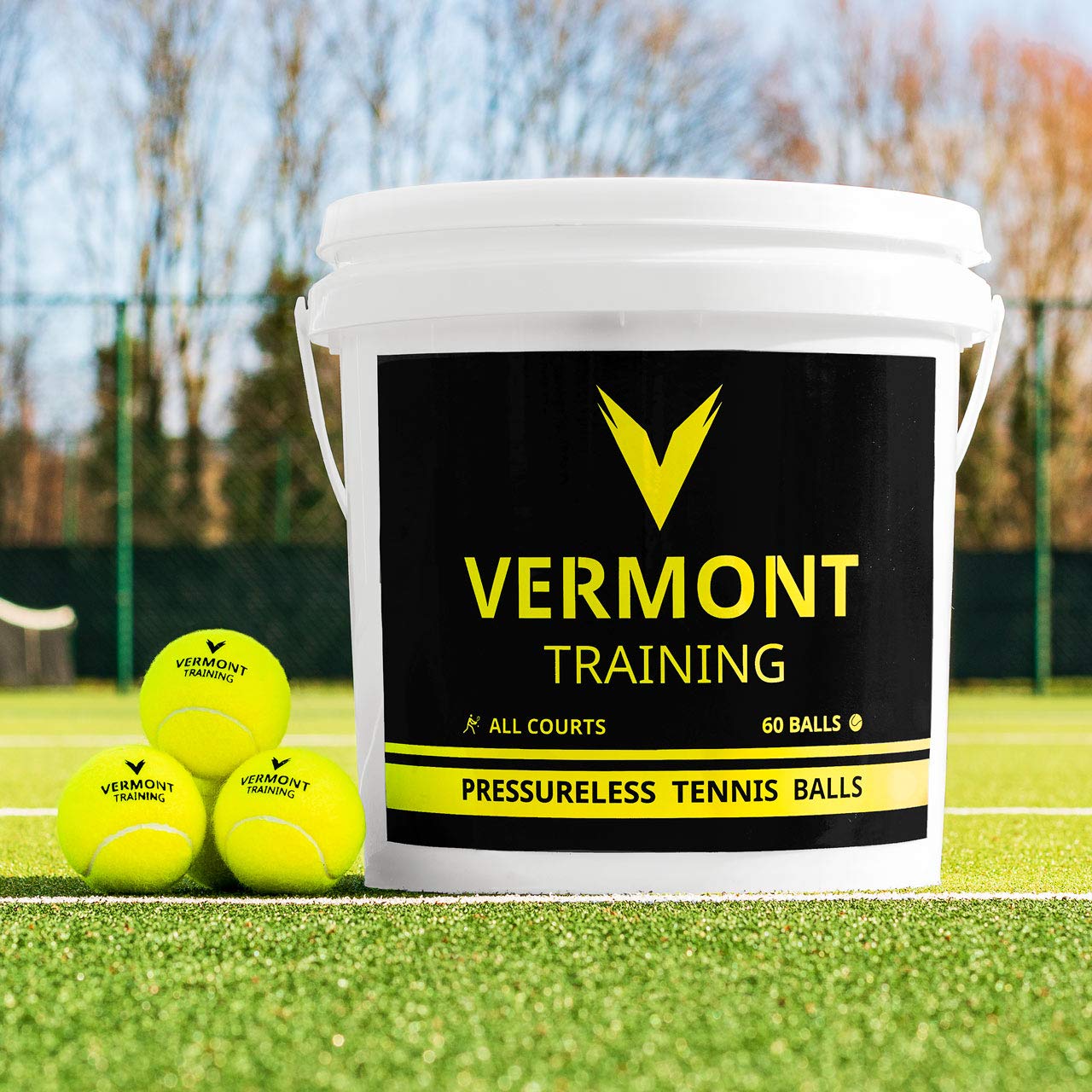 Vermont Pressureless Tennis Balls [60 Pack] - All Court Training Balls with Ball Bucket | Durable Tennis Practice Equipment for Beginners & Professionals | Perfect for Court Drills, Ball Machines & Coaching Sessions