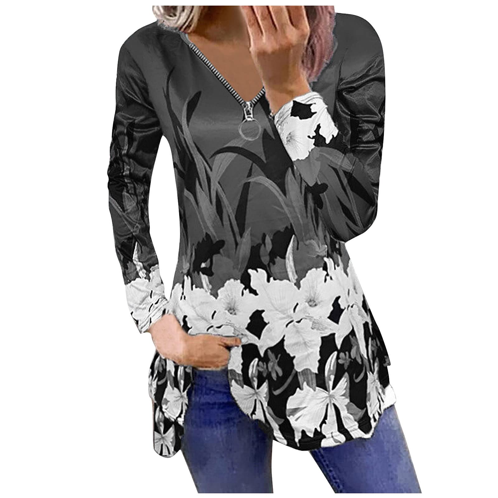 MKHSQHDG Plus Size Cold Shoulder Tunic Tops for Women - Long Sleeve Printed V-Neck Blouses with Zipper | Casual Wear, Office Outfits & Party Dresses