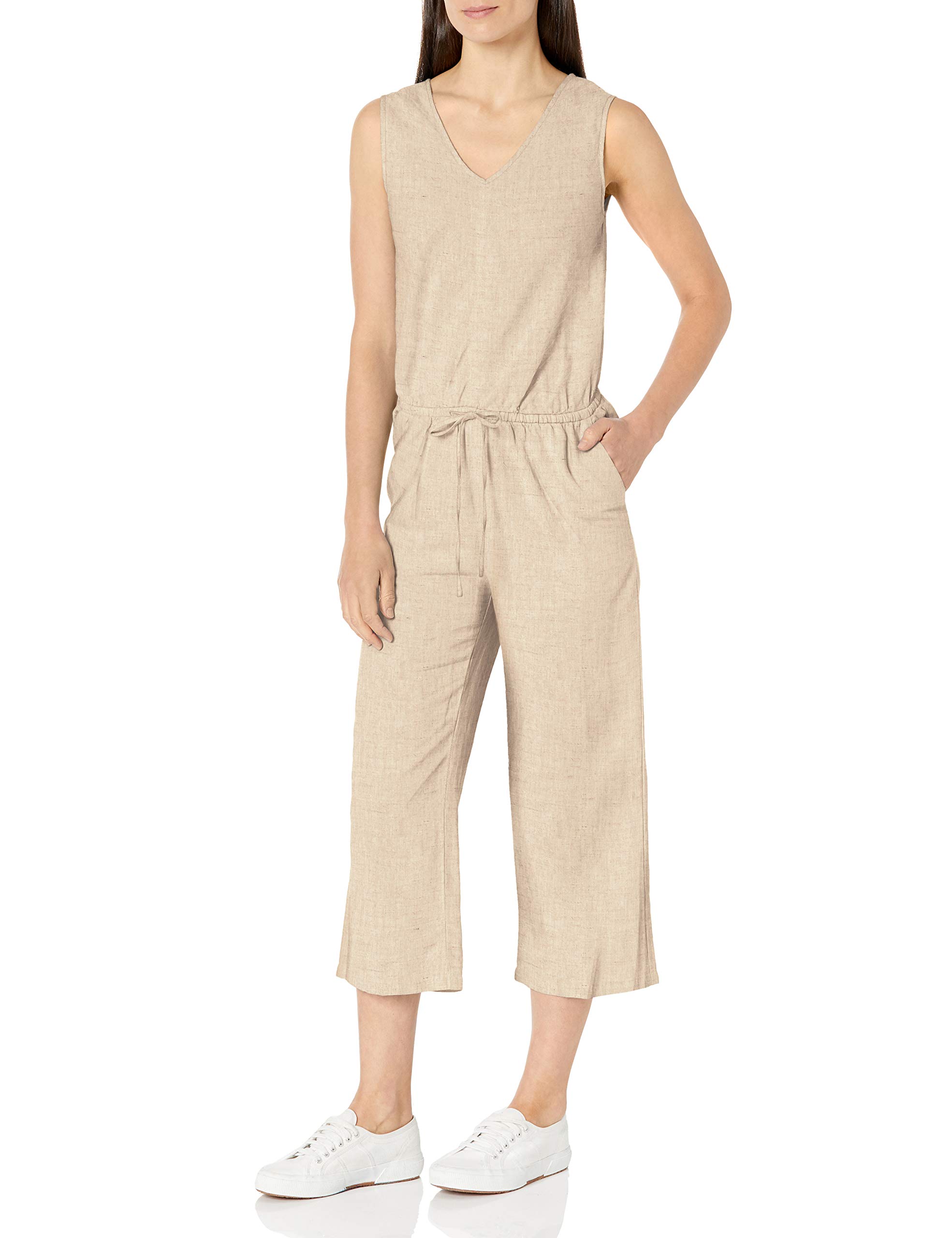 Amazon Essentials Women's Sleeveless Linen Jumpsuit - Lightweight Summer Romper for Casual Outings, Beach Cover Up & Vacation Wear