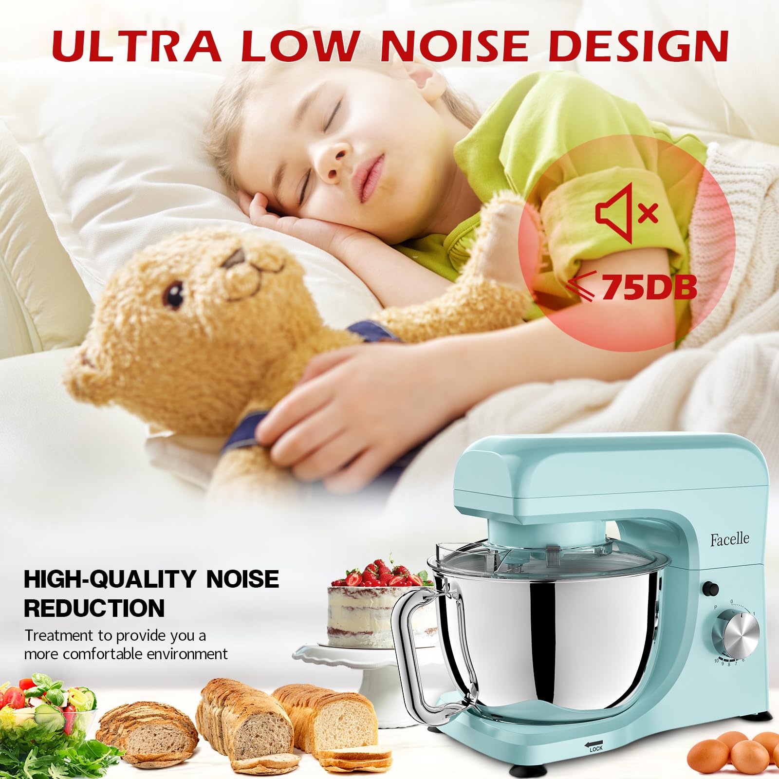 Facelle 5.5Qt Stand Mixer - 10+ Speed Tilt-Head Electric Kitchen Mixer with Stainless Steel Bowl, Dough Hook, Whisk & Beater - Perfect for Baking Cakes, Cookies, Bread & More - Ideal for Home Bakers & Professional Chefs