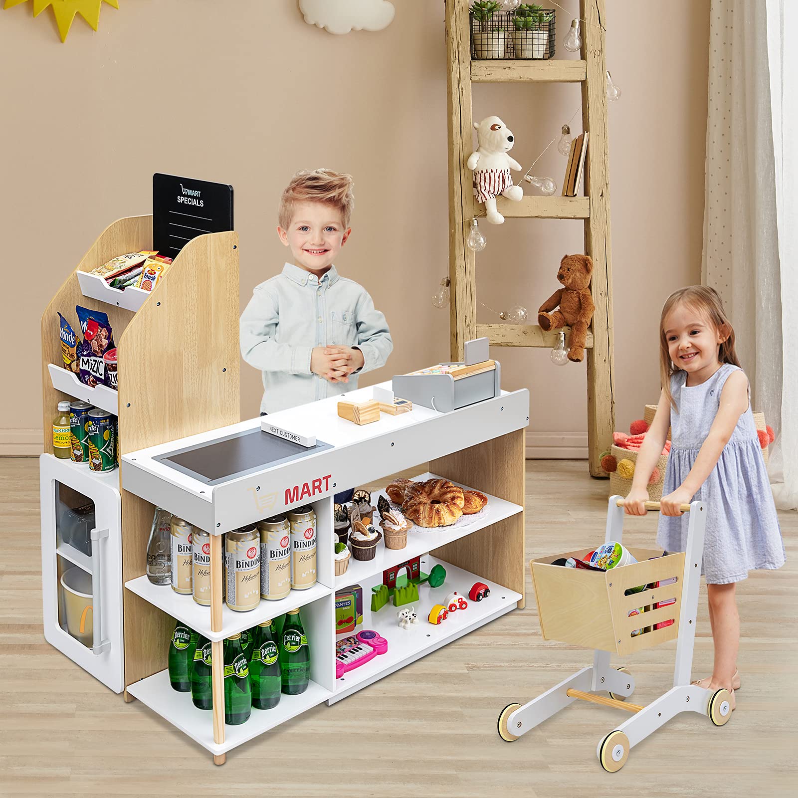 HONEY JOY Wooden Grocery Store Playset for Kids - Pretend Play Supermarket Toy with Shopping Cart, Cash Register, Chalkboard & Play Coins - Educational Role Play Toy for Toddlers & Preschoolers (Play Food Not Included) - Perfect for Home, Classroom & Daycare Pretend Play Activities