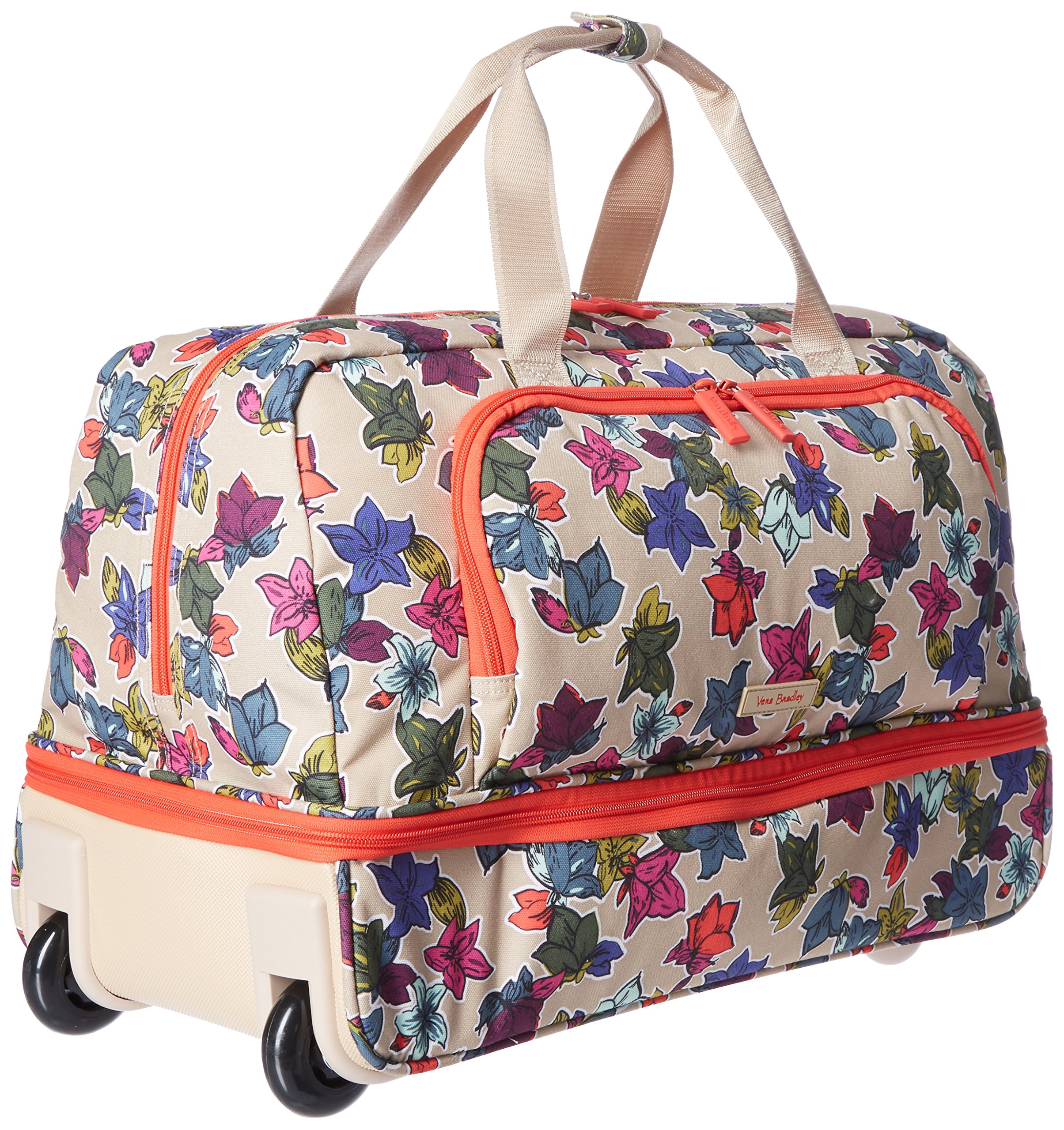 Vera Bradley Women's Lighten Up Wheeled Duffle Carry-On Luggage - Falling Flowers Neutral Pattern, Spacious Travel Bag for Weekend Trips & Airplane Carry-On