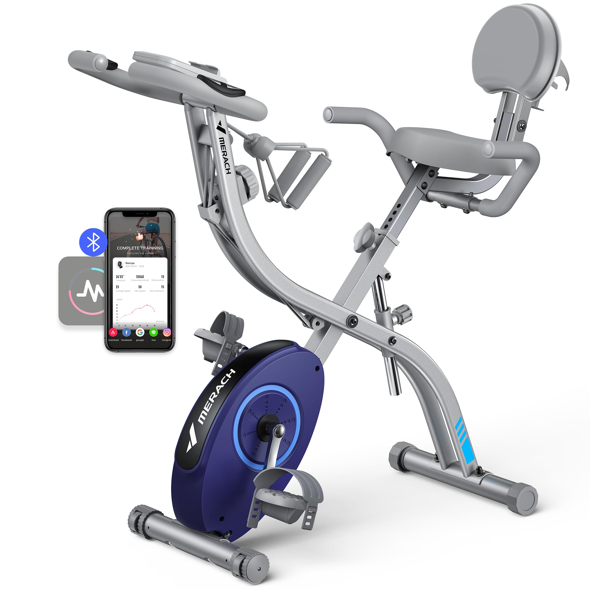 MERACH Foldable 4-in-1 Exercise Bike with LCD Monitor & Heart Rate Monitor, Magnetic Indoor Cycling Bike with Comfortable Seat Cushion for Home Gym - Space Saving Design for Small Apartments & Cardio Workouts