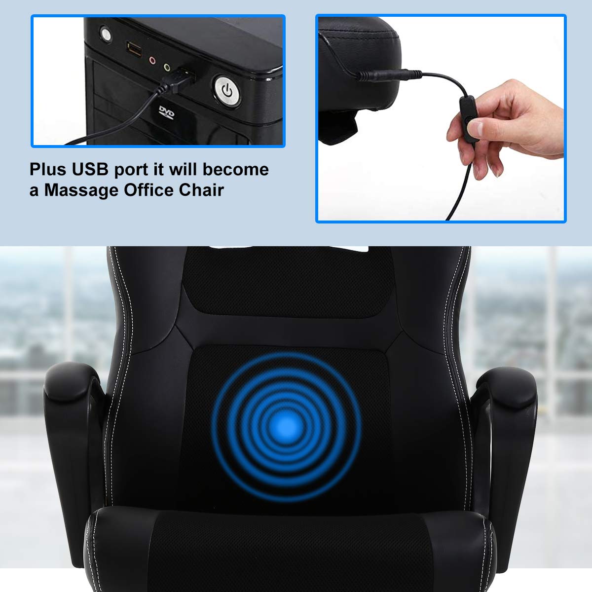 Ergonomic High Back Office Gaming Chair with Lumbar Support & Massage - PU Leather Executive Desk Chair with Adjustable Armrests & Swivel Base for Home Office, PC Gaming, and Workstation Use - Black