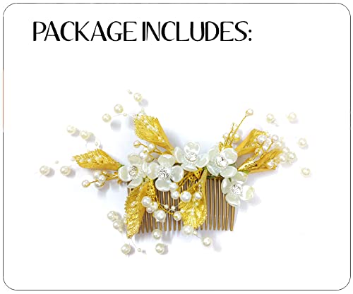 Elegant Hair Flare Artificial Flower Metal Leaf Hairpin with Pearl & Stone Comb Slide | Gold & White Bridal Hair Accessories for Women & Girls | Perfect for Weddings, Prom & Special Occasions