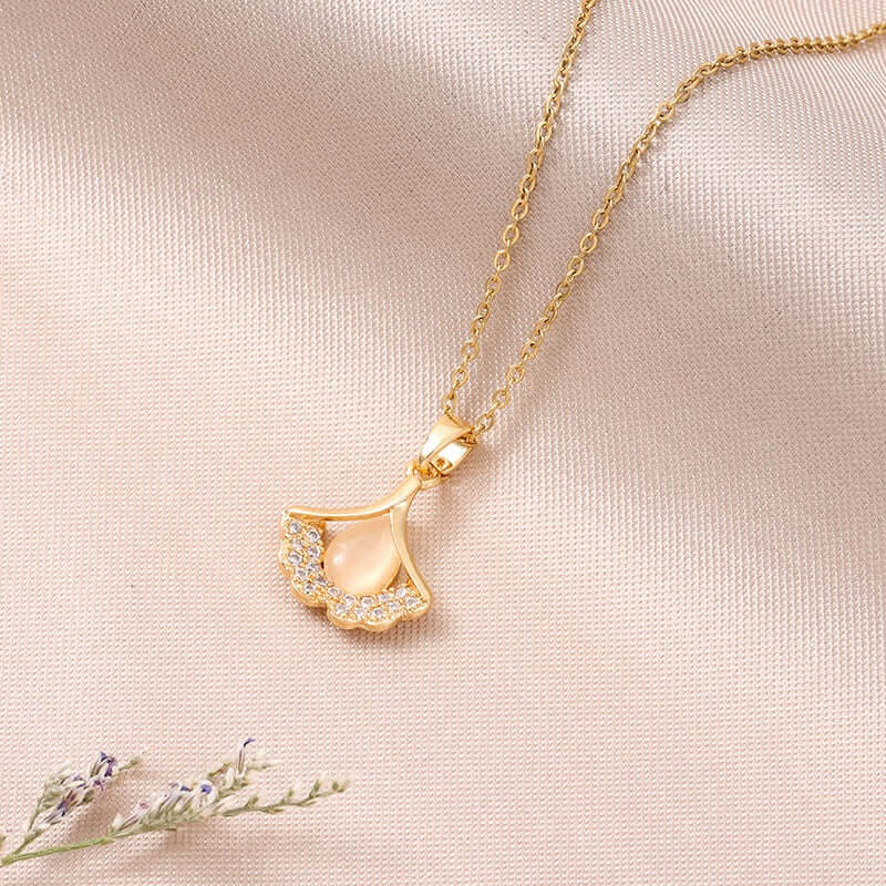 Elegant Titanium Minimalist Cat's Eye Stone Ginkgo Leaf Pendant Necklace for Women | A8241 | Perfect for Daily Wear, Office, Parties & Special Occasions
