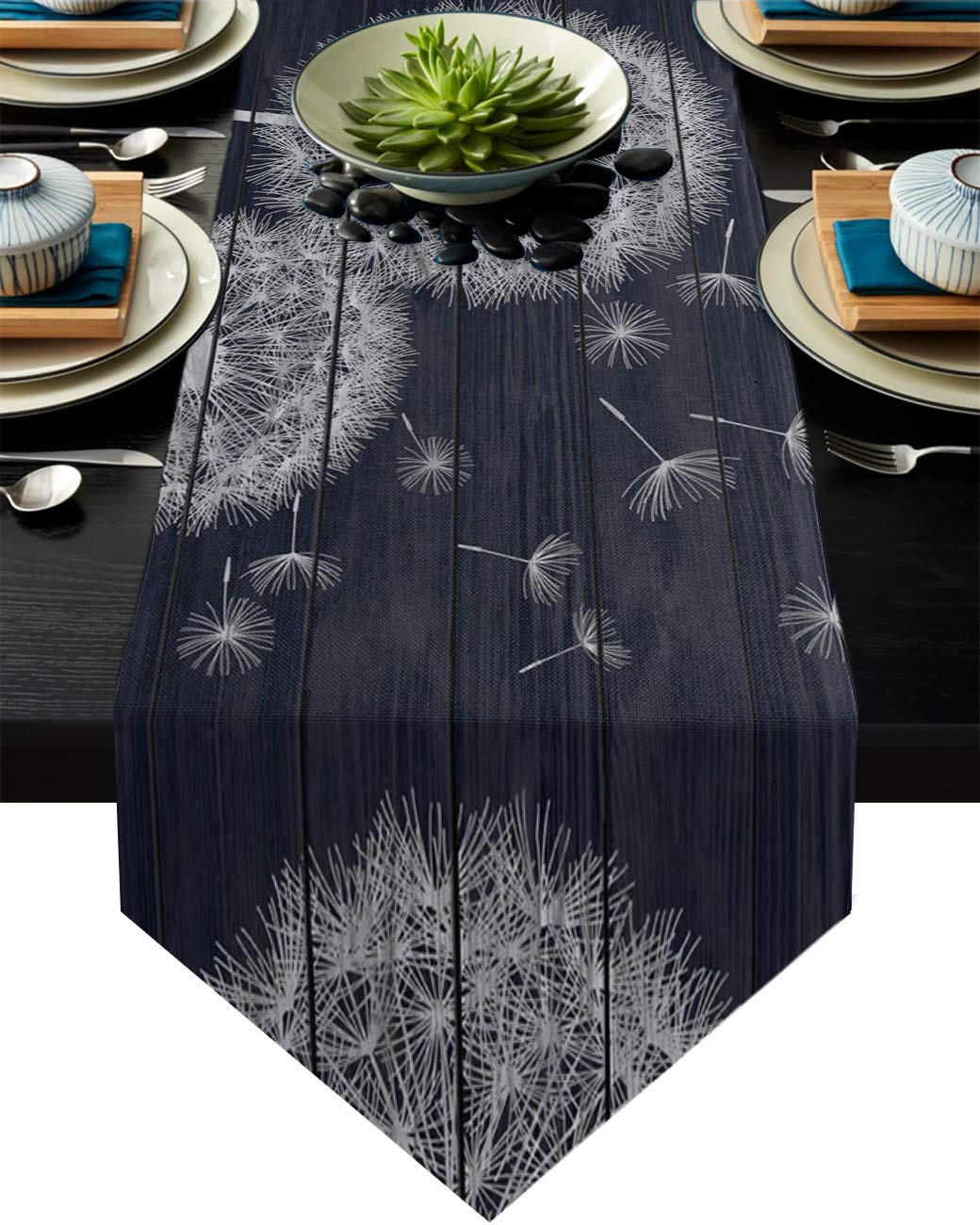 Contemporary Burlap Linen Table Runner with Dandelion Flowers - 120 Inches Long Floral Design for Kitchen, Dining, Living Room, Parties, and Home Decoration - Perfect for Weddings, Events, and Seasonal Decor