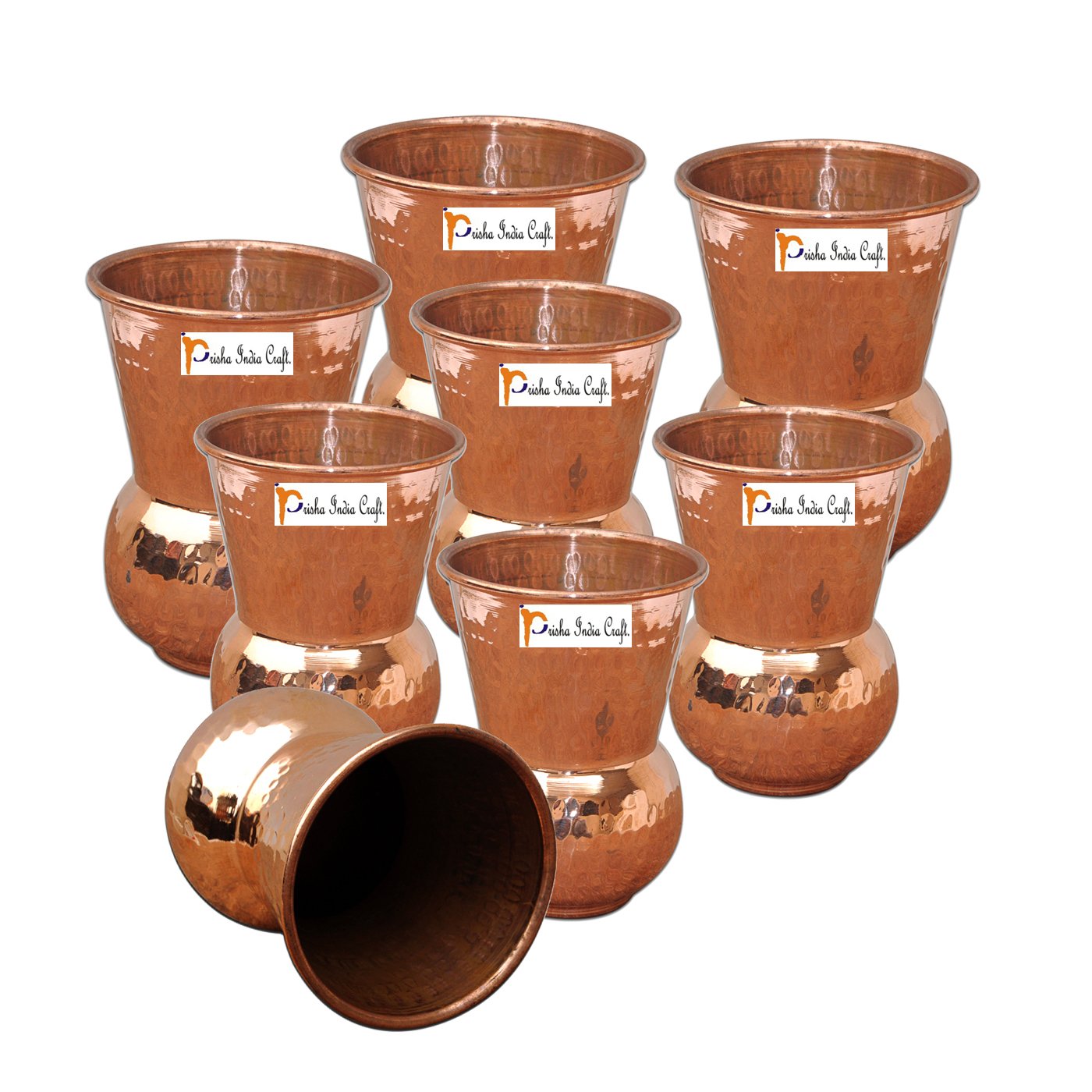 Prisha India Handcrafted Copper Glass Tumbler Set - 8 Piece Hammered Muglai Matka Design - 375ml Capacity - Elegant Indian Tea Cups for Home, Office & Gifting - Perfect for Chai, Coffee & Traditional Beverages