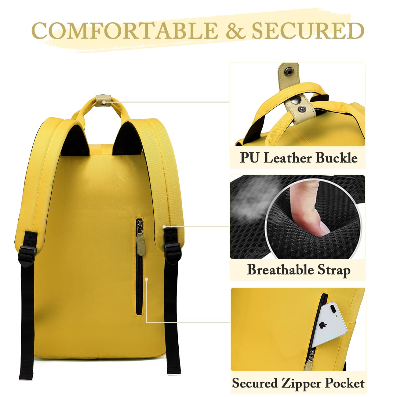 VASCHY Water Resistant Women's Backpack for School, College & Travel - Lightweight Laptop Bookbag for Teen Girls & Students, Yellow - Perfect for High School, University & Daily Commute