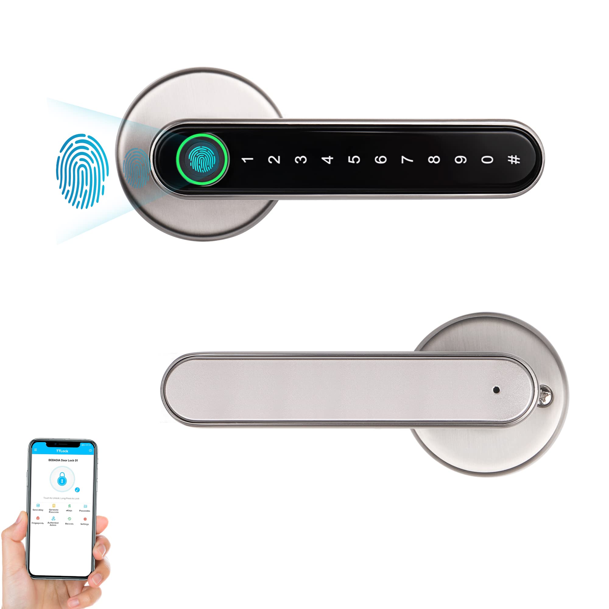 KISSTY Smart Fingerprint Door Lock - Keyless Entry Biometric Security with TTlock App, Brushed Nickel Handle for Home, Office, Apartment & Hotel (Ideal for Hands-Free Access & Enhanced Safety)