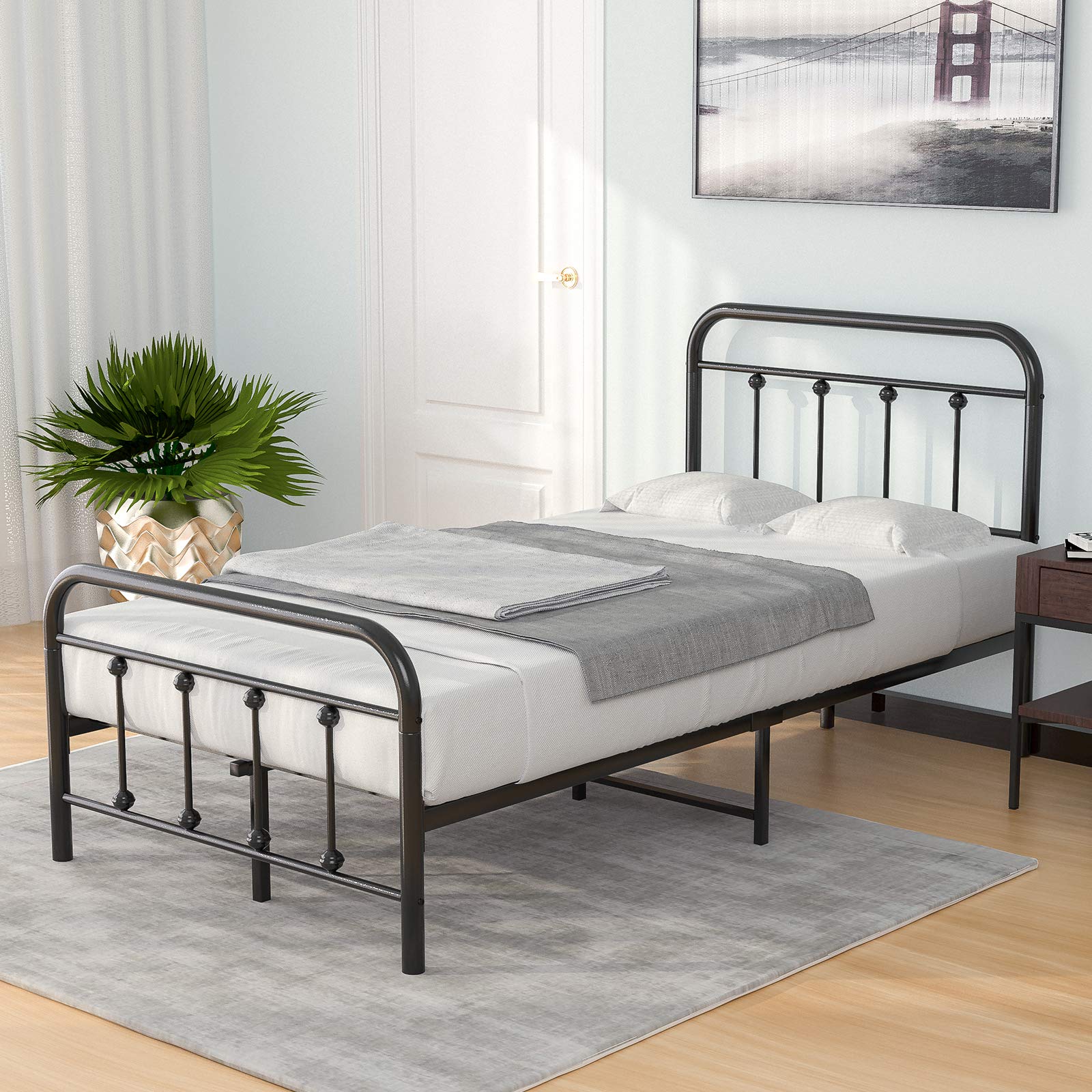 Vintage Metal Platform Bed Frame with Headboard & Footboard - Sturdy Mattress Foundation, No Box Spring Needed, Easy Assembly - Perfect for Modern & Rustic Bedroom Decor