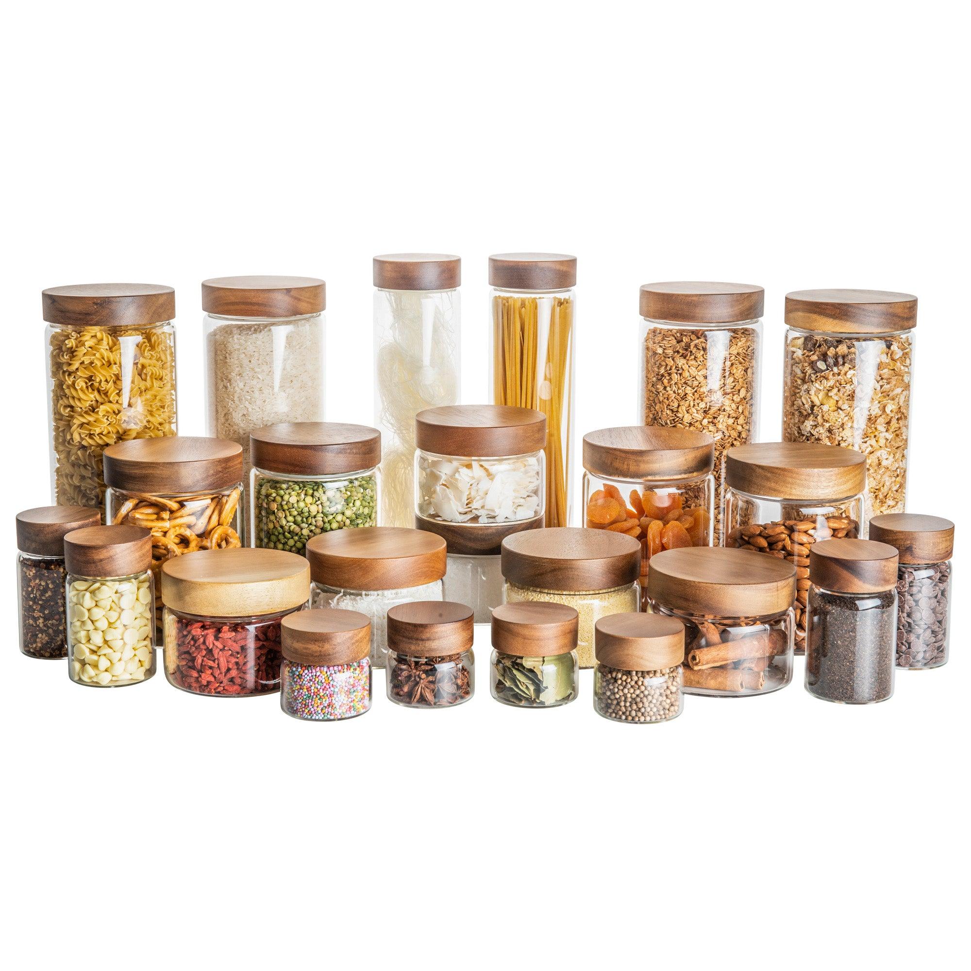 Premium Acacia Glass Jars with Bamboo Lids - 12-Piece Pantry Organization Set for Spices, Coffee, Tea & Dry Goods | Airtight Kitchen Storage Containers for Countertop & Cabinet Display