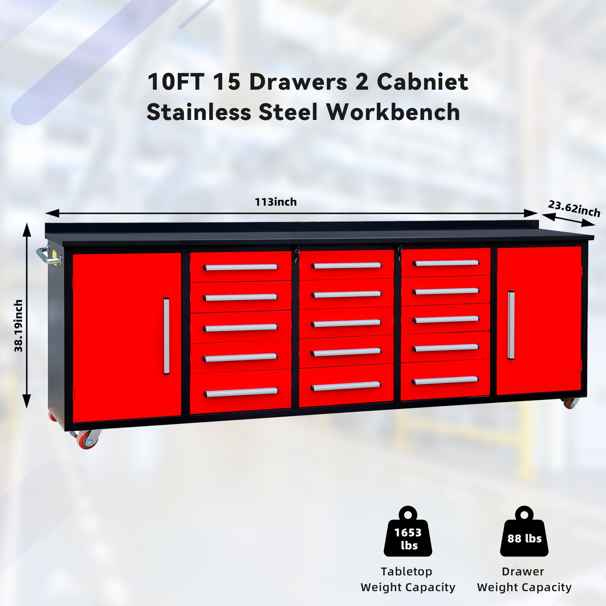 10ft Heavy Duty Storage Cabinet with Work Bench - 15 Drawers & 2 Cabinets, Red - Perfect for Garage Organization, Workshop Storage & Home Office Furniture