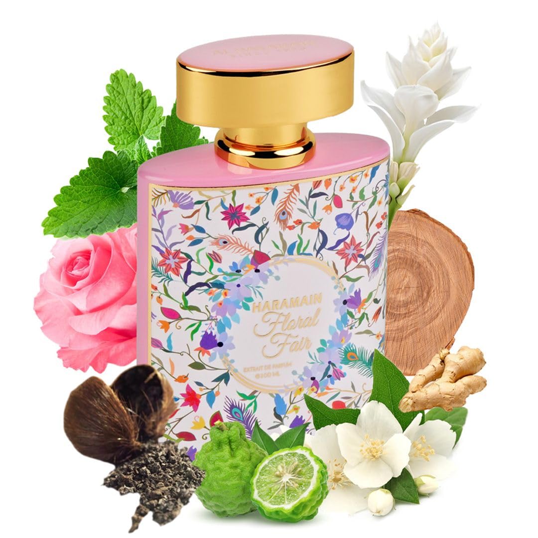 Al Haramain Floral Fair - Long Lasting Arabian Perfume for Women with Rose, Bergamot, Jasmine, Musk & Patchouli - Extrait De Parfum EDP Spray 3.4 oz - Perfect for Evening Events, Weddings & Special Occasions