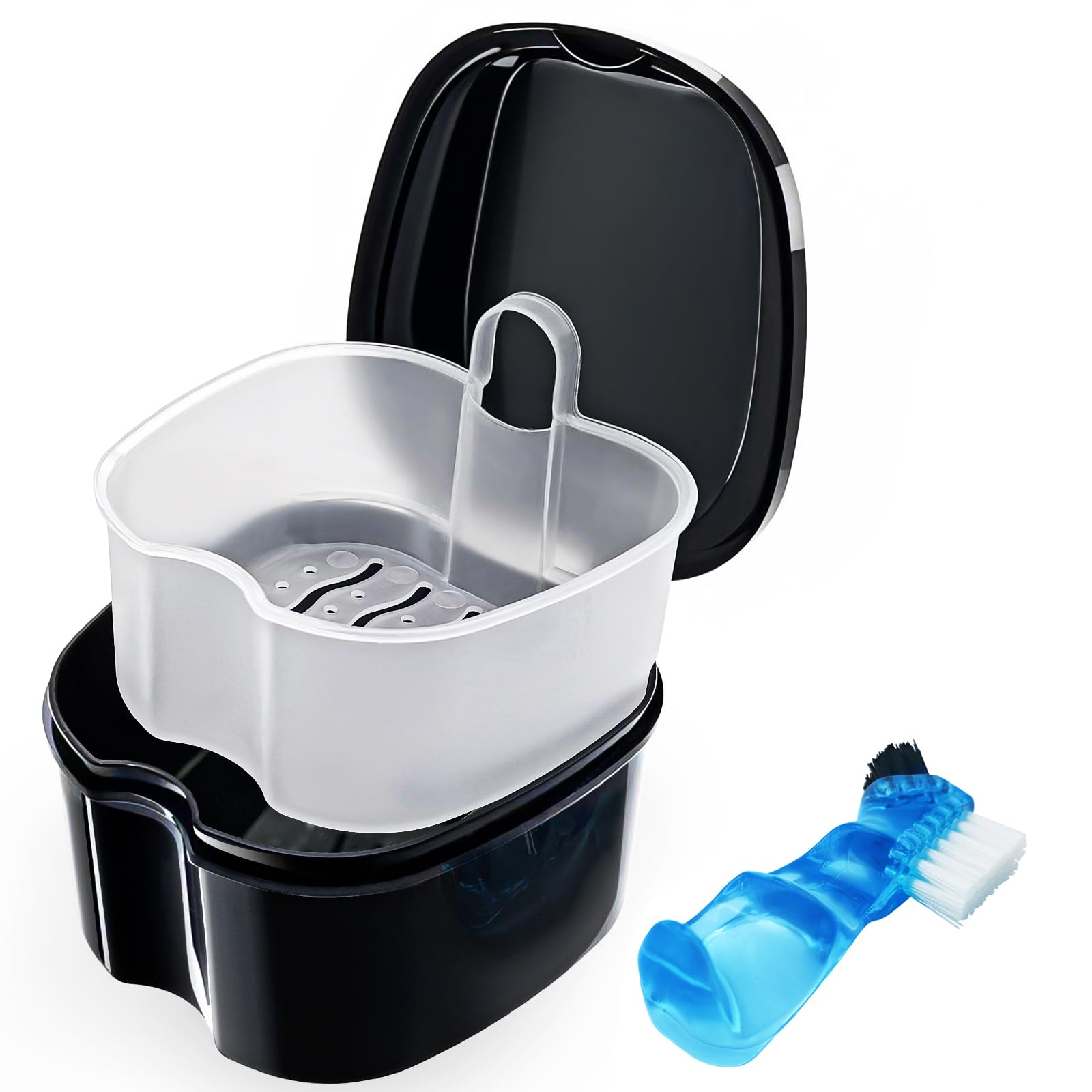 Black Denture Soaking Container with Strainer & Lid - Waterproof Denture Case for Partial Dentures, Orthodontic Retainers & Teeth Cleaning | Perfect for Travel, Nighttime Storage & Denture Care Routine