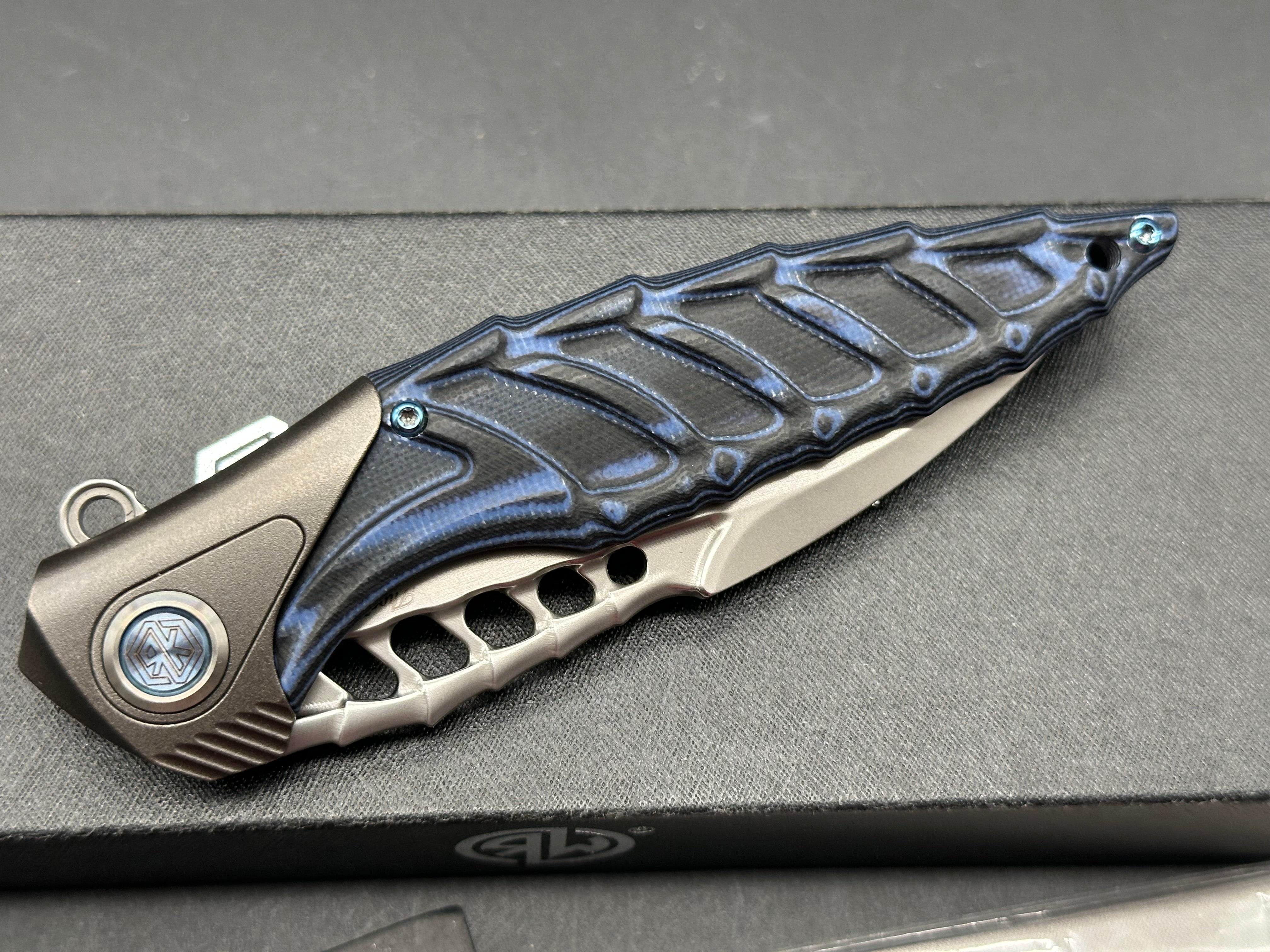 Rike Thor 7 Folding Knife - 154CM Stainless Steel Blade, Titanium Handle with Blue & Black G10 Inlays - EDC, Outdoor, Camping & Survival Tool