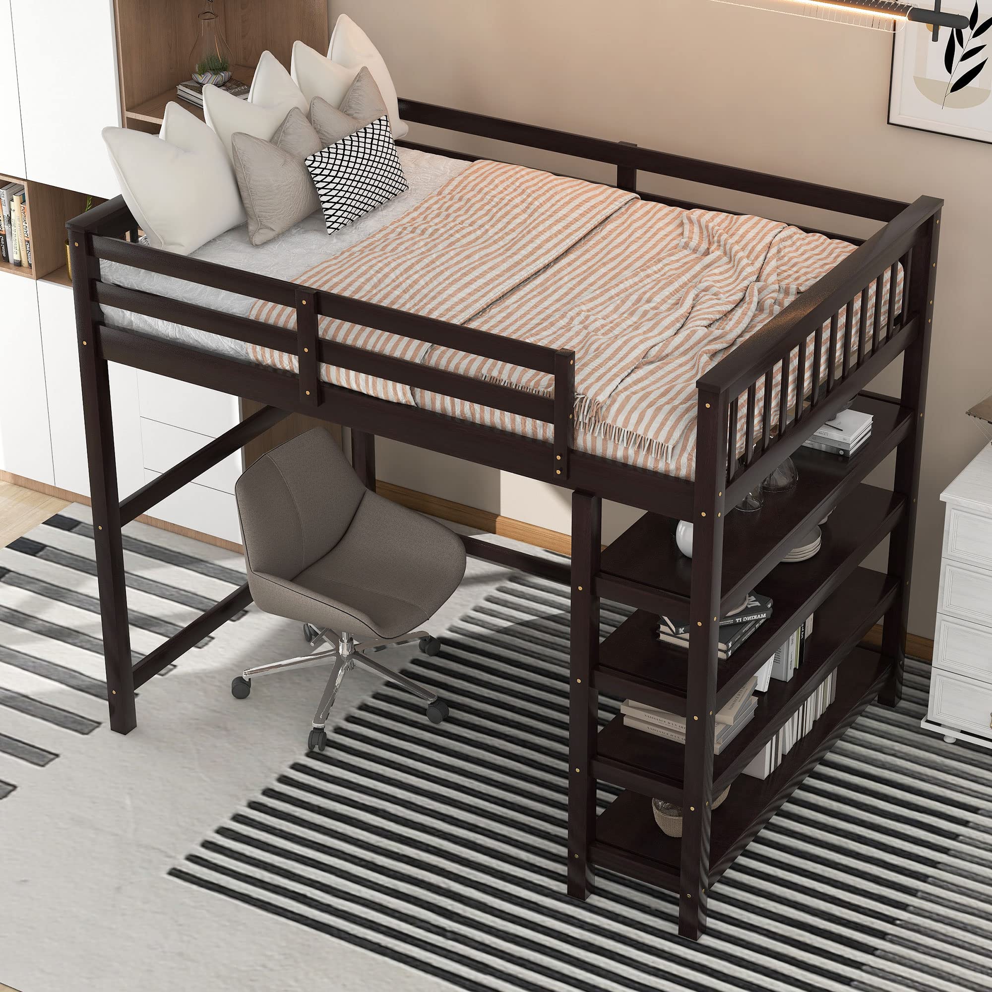 Merax Twin Size Wood Loft Bed with Desk & Shelves - Space-Saving Study Bed with Storage & Built-in Workstation, Espresso Finish - Perfect for Small Bedrooms, Dorm Rooms & Home Offices