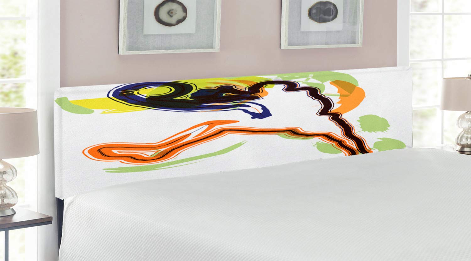 Ambesonne King Size Basketball Headboard - Upholstered Decorative Metal Bed Frame with Memory Foam, Orange Black Lime Green Champion Victory Design - Perfect for Sports Fans Bedroom Decor & Man Cave Theme
