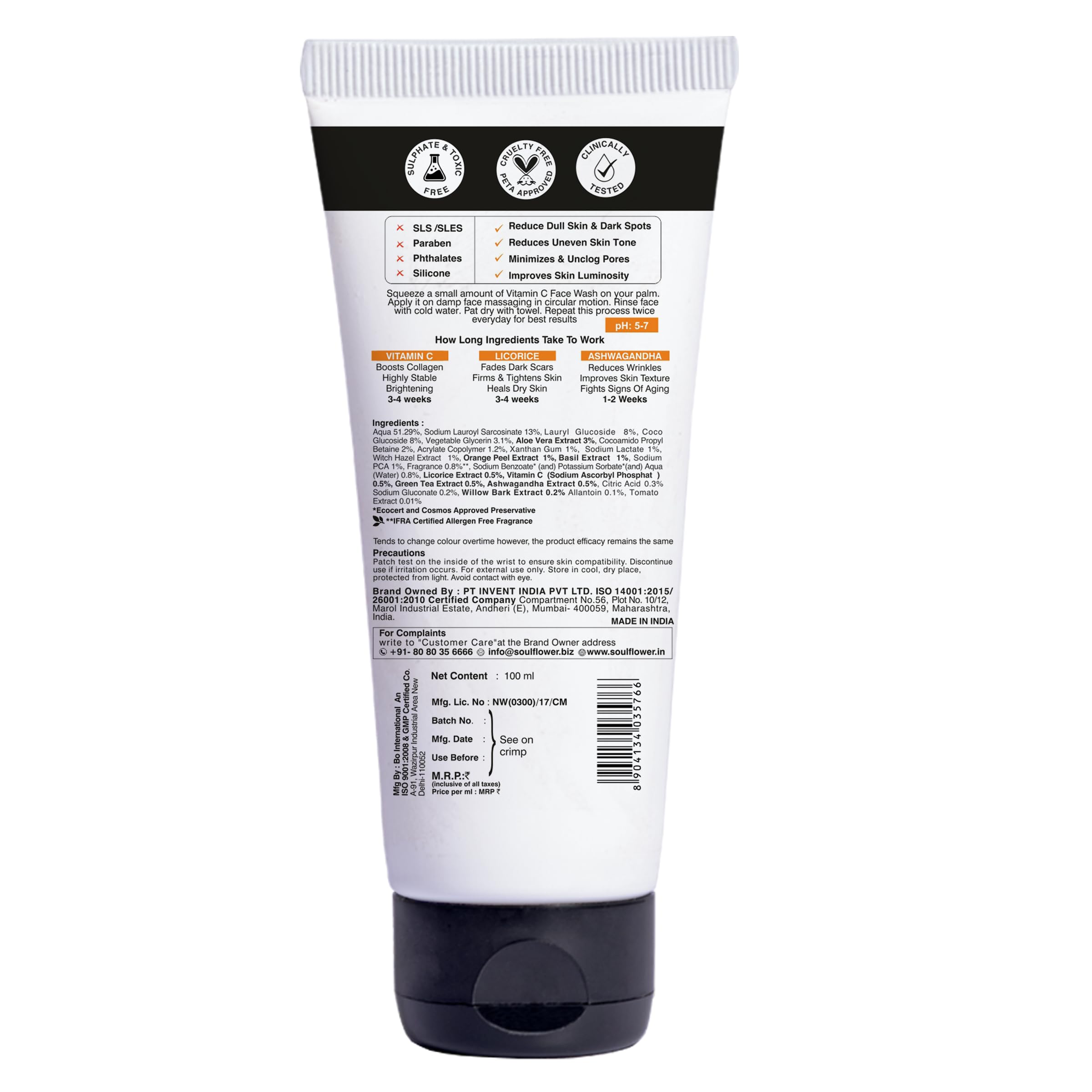 Soulflower Vitamin C Face Wash for Glowing Skin - Deep Cleansing Facial Cleanser with Green Tea, Aloe Vera, Orange & Licorice Extract | 100ml | For Men & Women | Brightening, Anti-Aging & Hydrating | Perfect for Daily Skincare Routine & Acne-Prone Skin