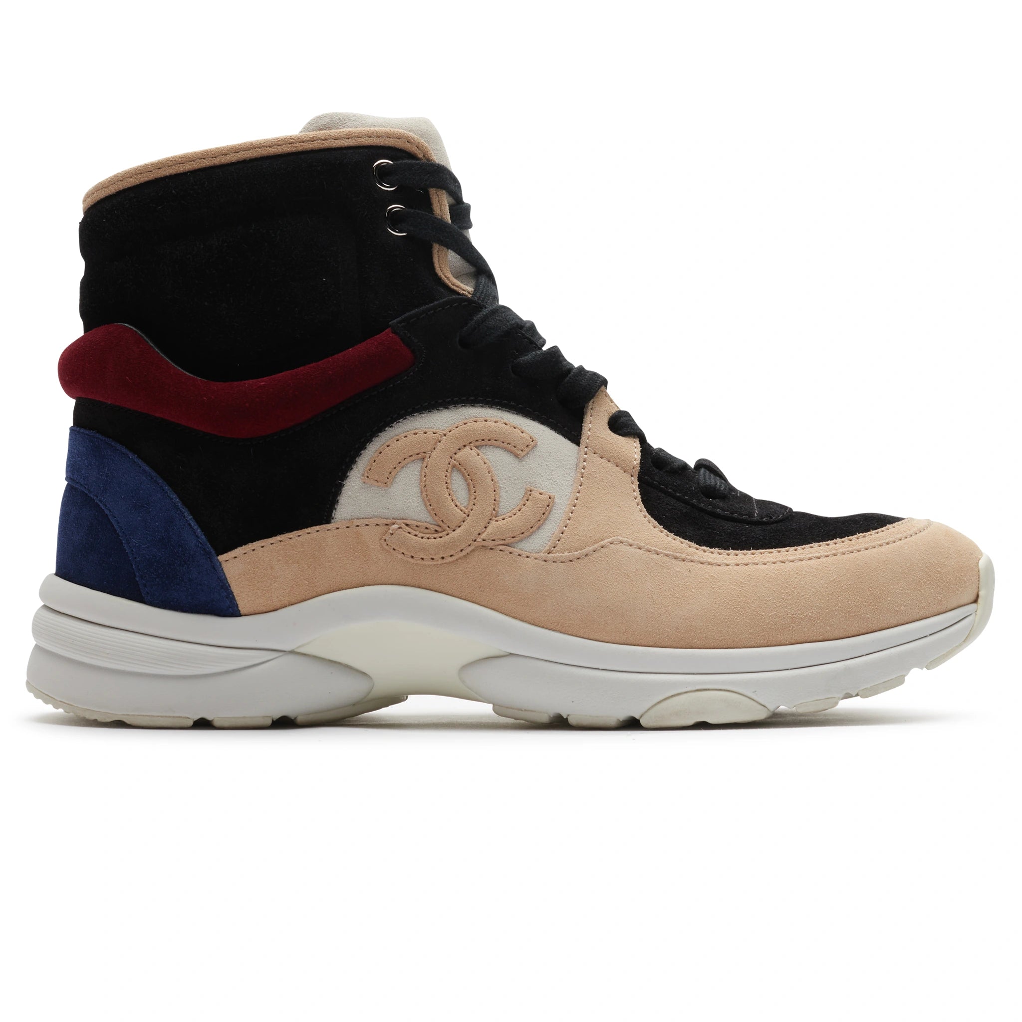 Chanel CC Logo High-Top Sneakers in Black, Burgundy, Blue & Beige Suede - Preloved Luxury Shoes for Women | Perfect for Casual Outfits, Street Style & Fashion Events