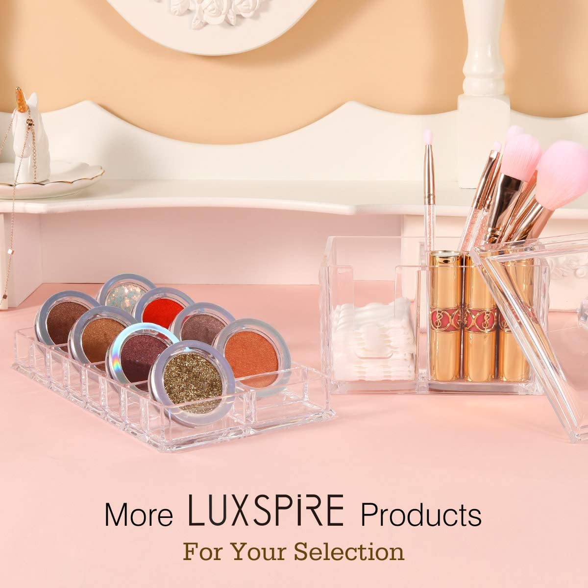 Luxspire 16-Space Acrylic Makeup Organizer for Eyeshadow Pots, Blush & Highlighter - Clear Cosmetic Storage Case | Perfect for Vanity, Travel & Beauty Salon Display
