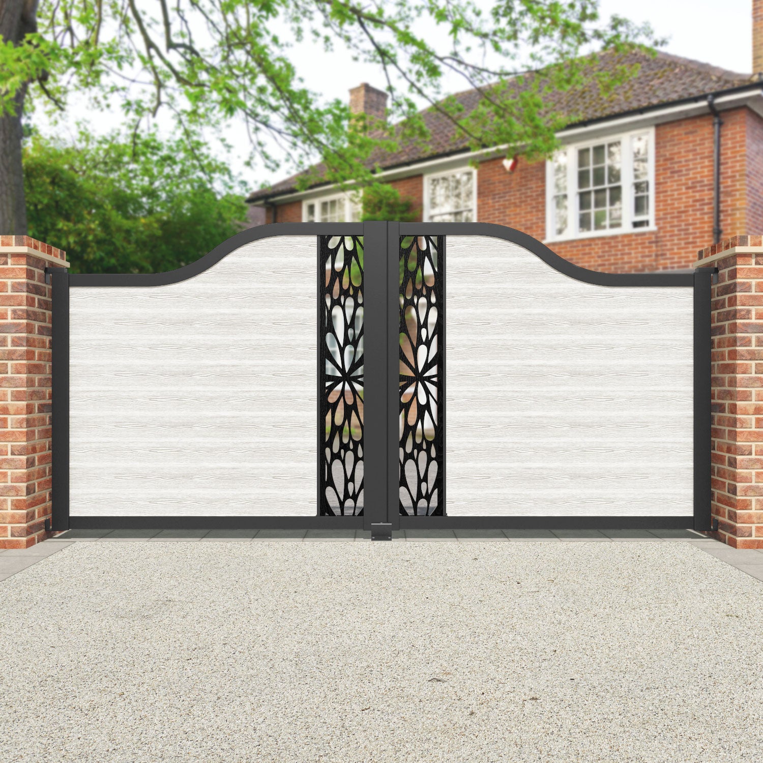 Classic Blossom Curved Top Driveway Gate - Light Stone Finish with Decorative Middle Screen | Elegant Entryway Solution for Homes & Gardens
